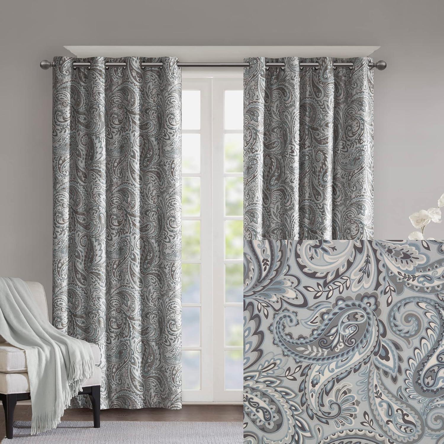 Gray Paisley Faux Silk Blackout Grommet Window Curtain Panel