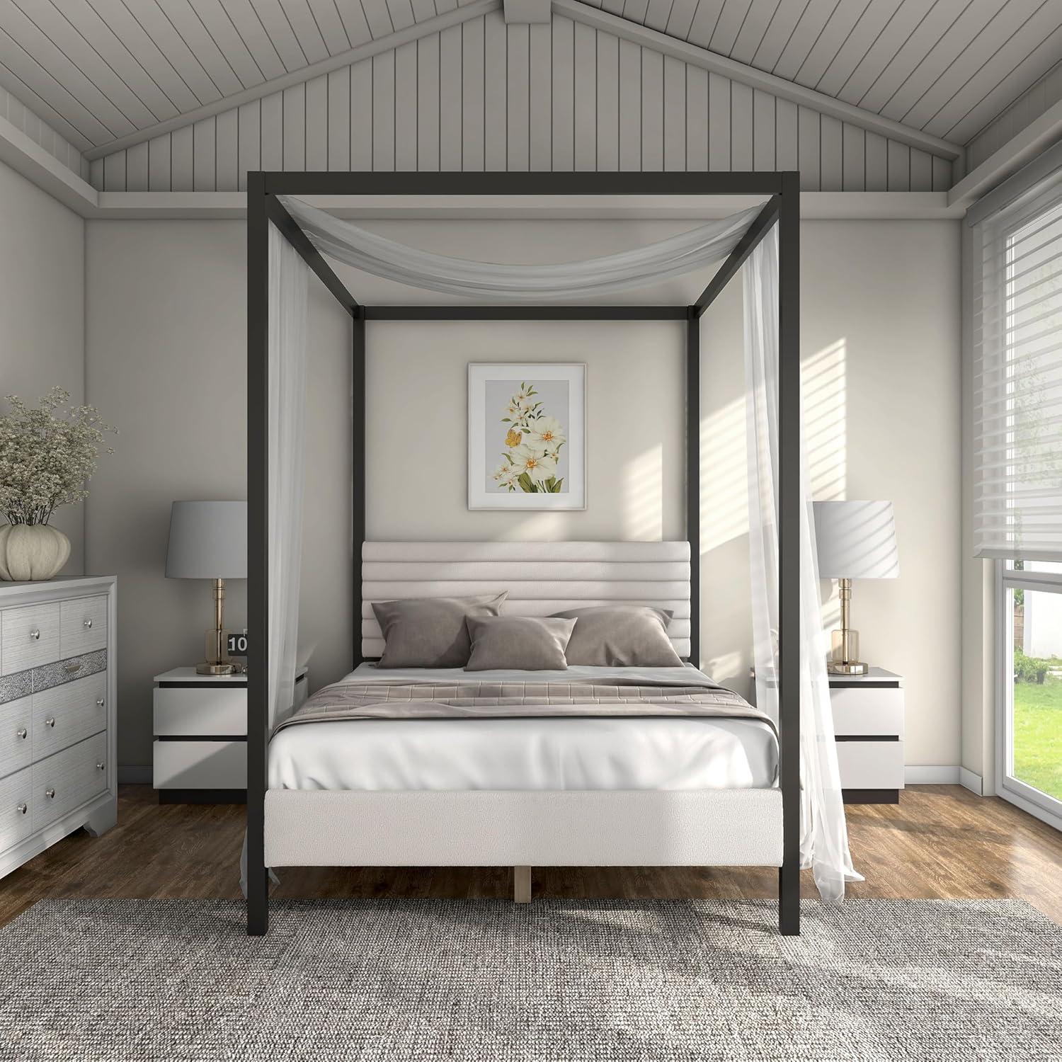 HOMES: Inside + Out Queen Aquis Canopy Platform Bed with Boucle Upholstered Headboard White