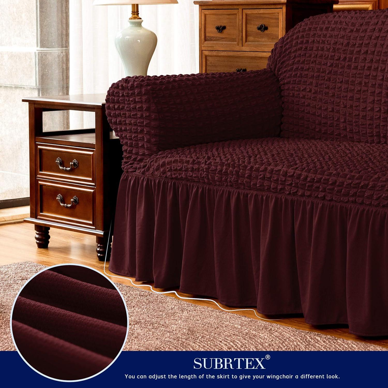 SUBRTEX 1 Piece Seersucker Sofa Slipcover with Skirt Universal Stretch Sofa Couch Slipcover Easy Fitted Chair Furniture Protector(1 Seater,Wine)