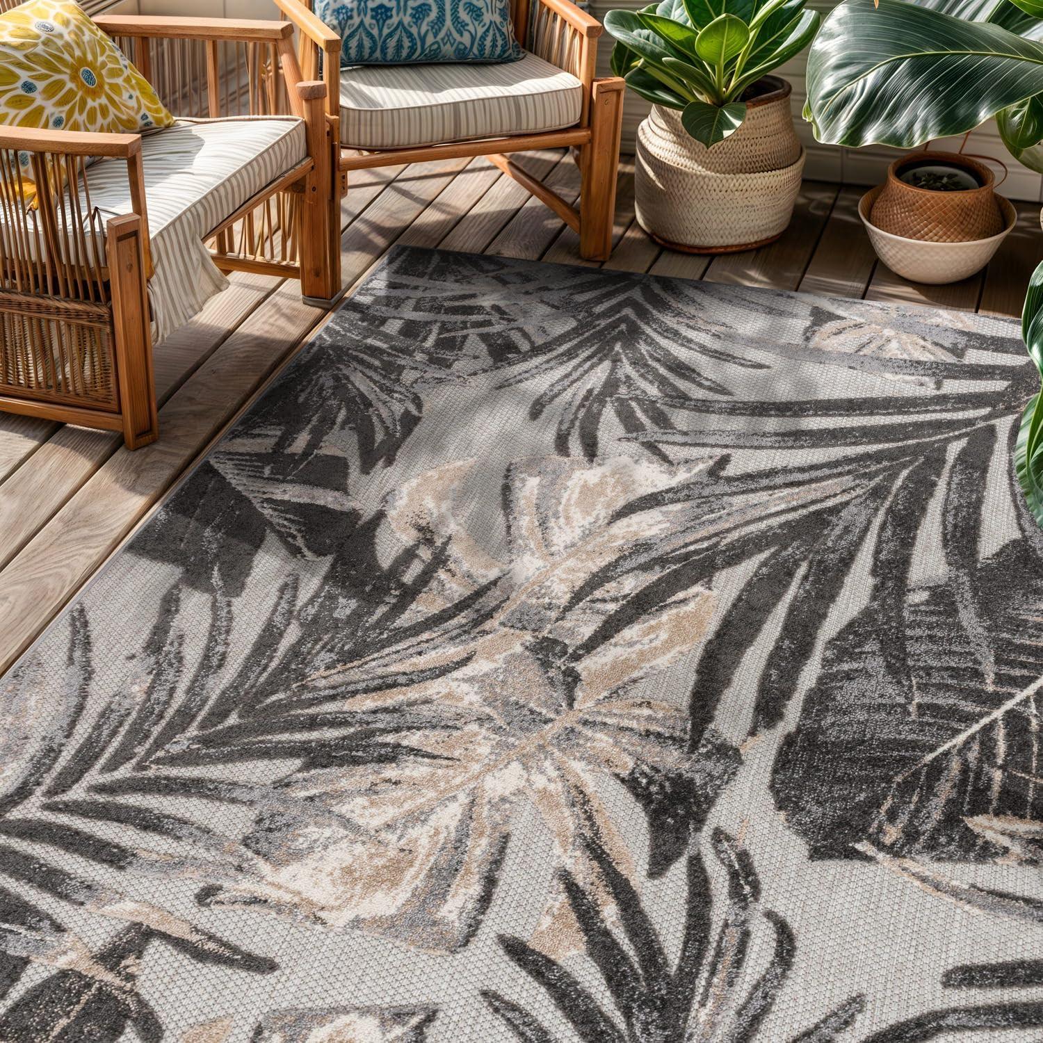 World Rug Gallery Floral Leaves Indoor/Outdoor Area Rug - Gray 7'10" x 10':  Weather-Resistant,  Low Pile,  Patio Rug