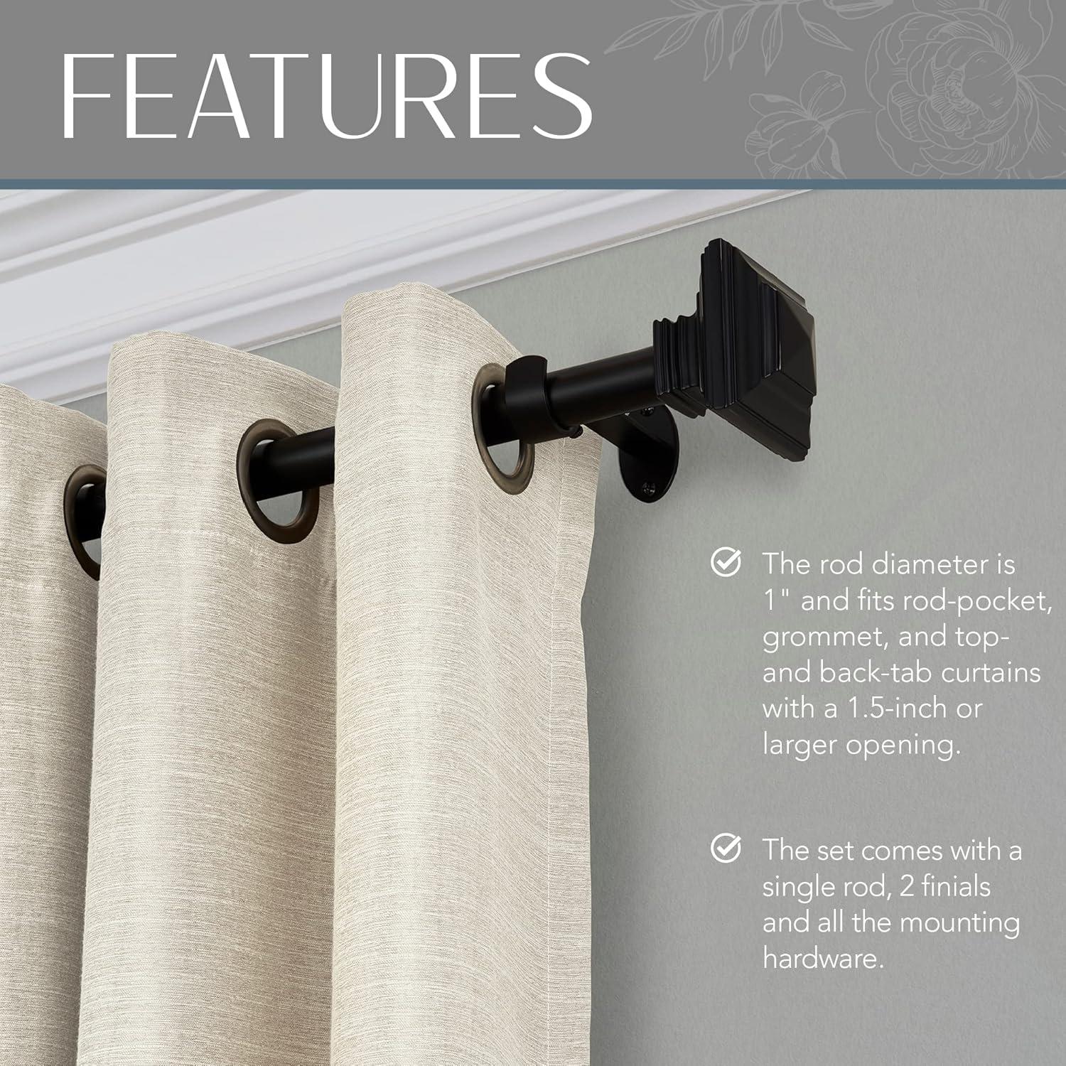 Elrene Florence 1" Window Drapery Single Curtain Rod with Stacked Square Finial - Elrene Home Fashions