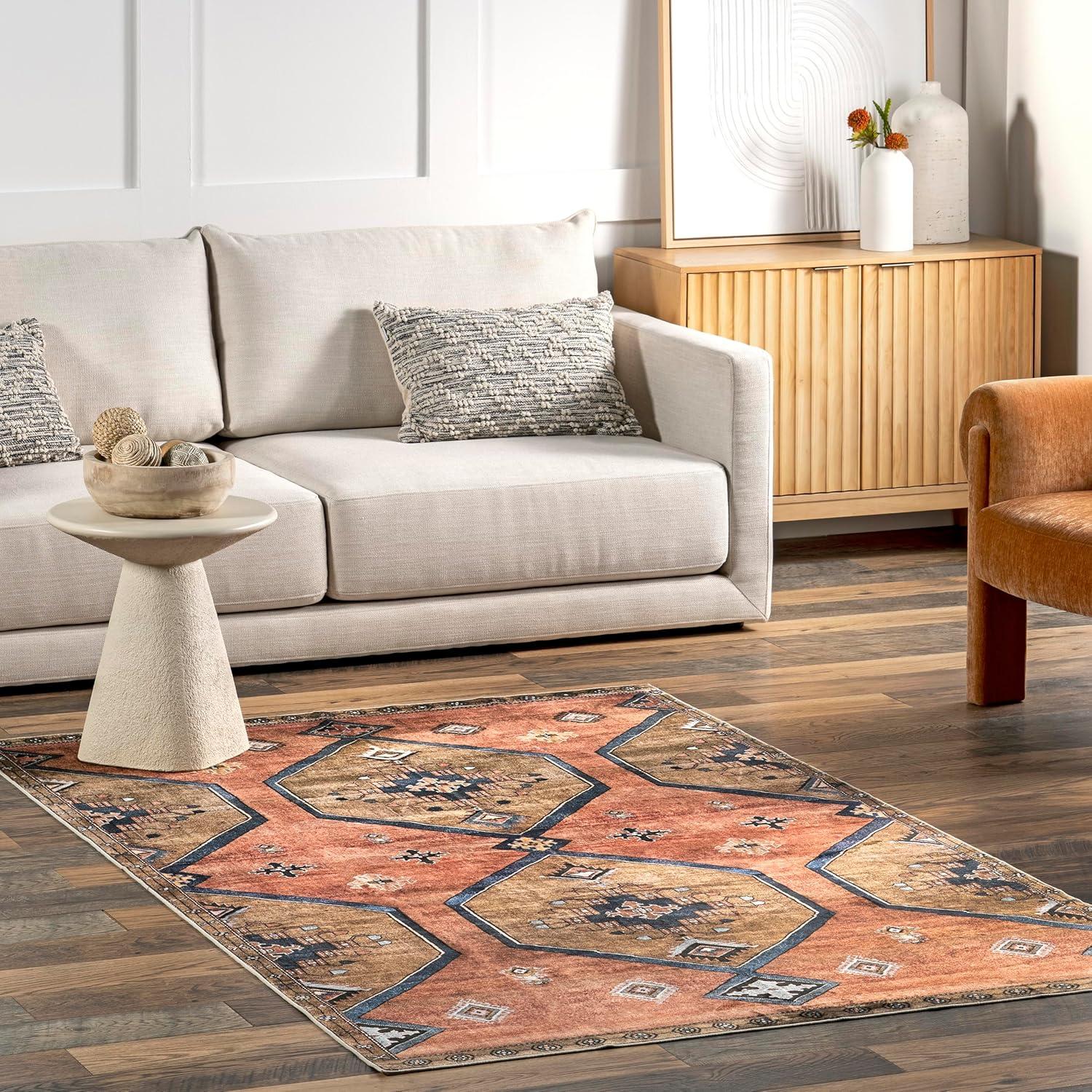 Judy Rust and Brown Medallion Washable Synthetic Area Rug