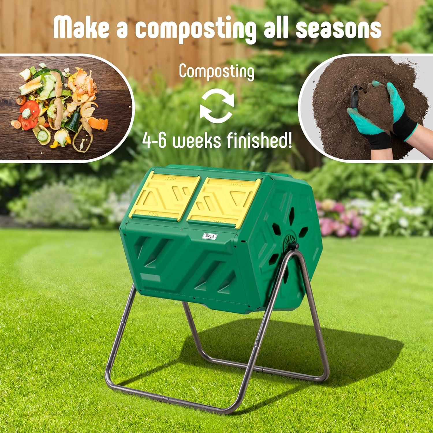 Werph Compost Bin Dual Dual Chamber Compost Tumbler, 43 Gallon Compost Tumbler Outdoor with 2 Sliding Doors, Heavy Duty Tumbling Rotating Composter Bin for Kitchen Garden Yard