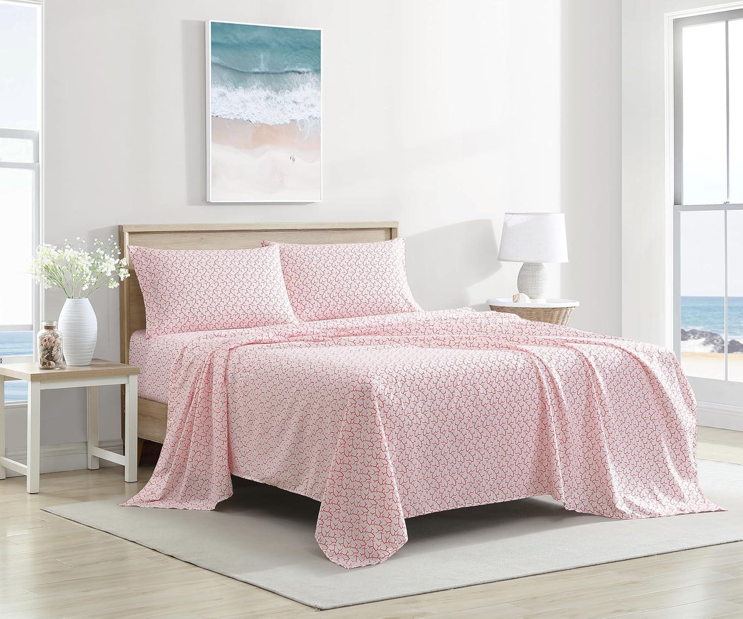Coastal Print Microfiber Sheet Set, Full, Burnt Coral
