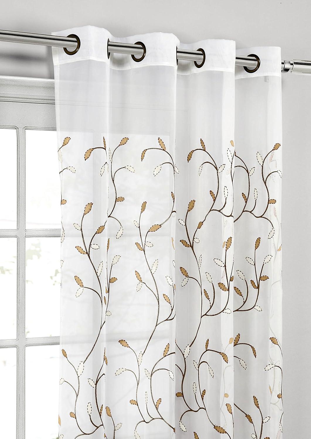 Grommet Curtain Panel, Embroidered Sheer Extra-Wide, Beige 54" x 84"