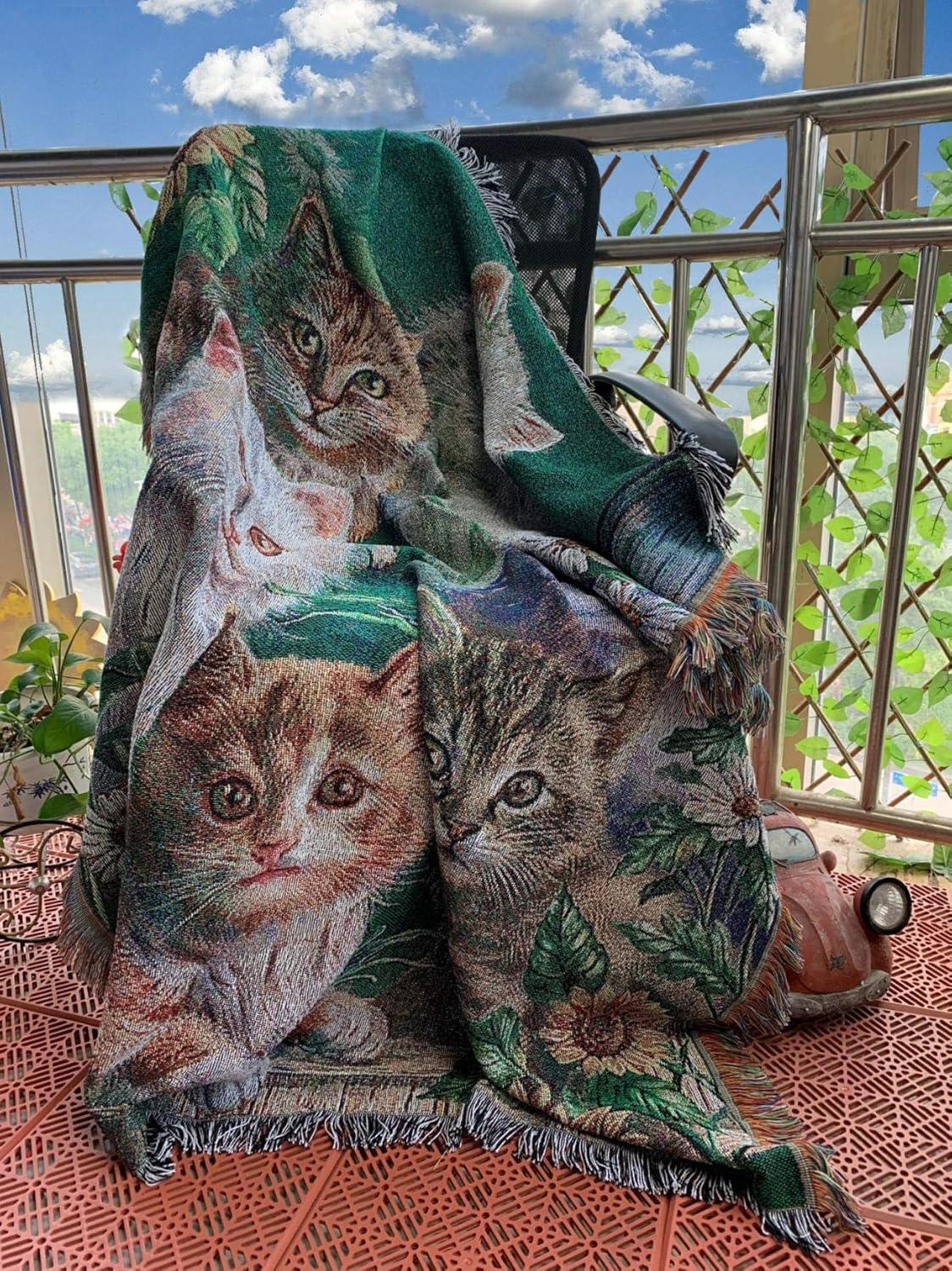 EZ.enjoy Garden Cat Flower Woven Tapestry Throw Blanket Wall Hanging Art Handicrafts Jacquard Multipurpose Soft Travel Mat Outdoor with Fringe Tassels 50 X 60 Inches