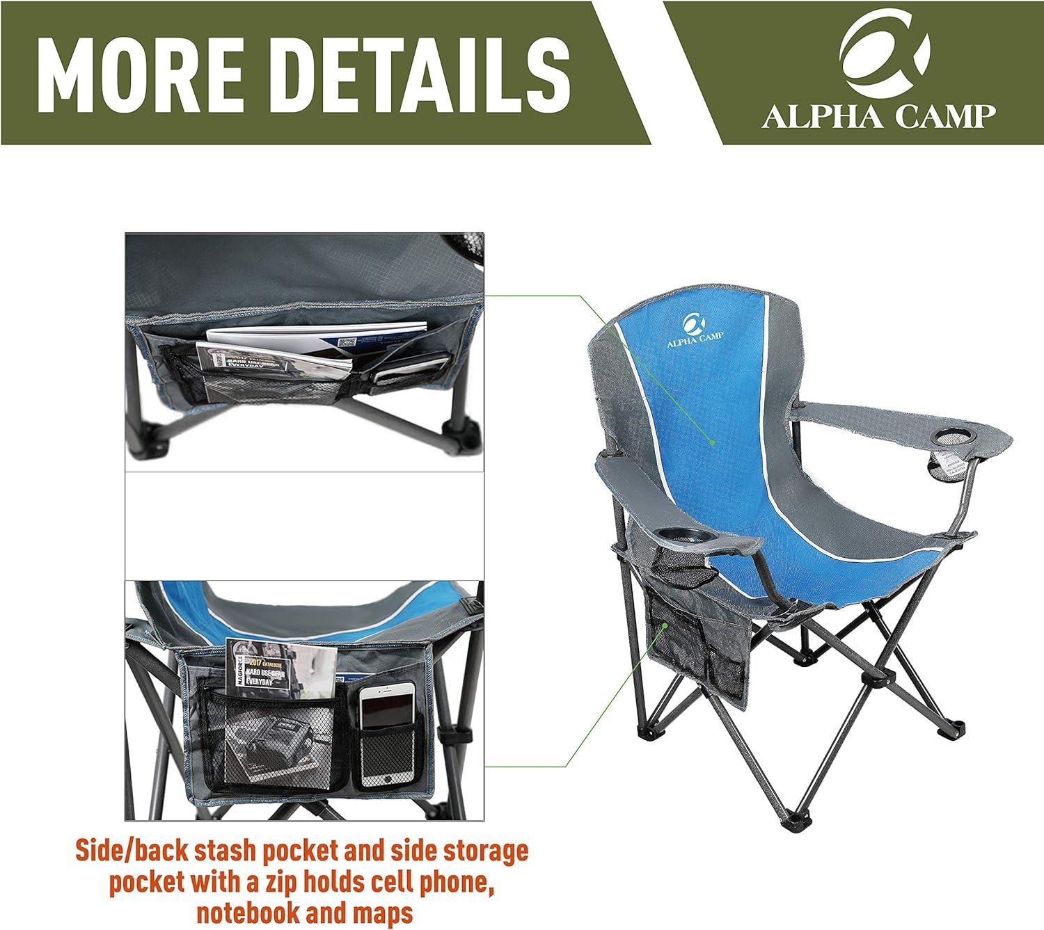 Oversized Camping Folding Chair Padded Arm Chair with Cup Holder Blue Grey