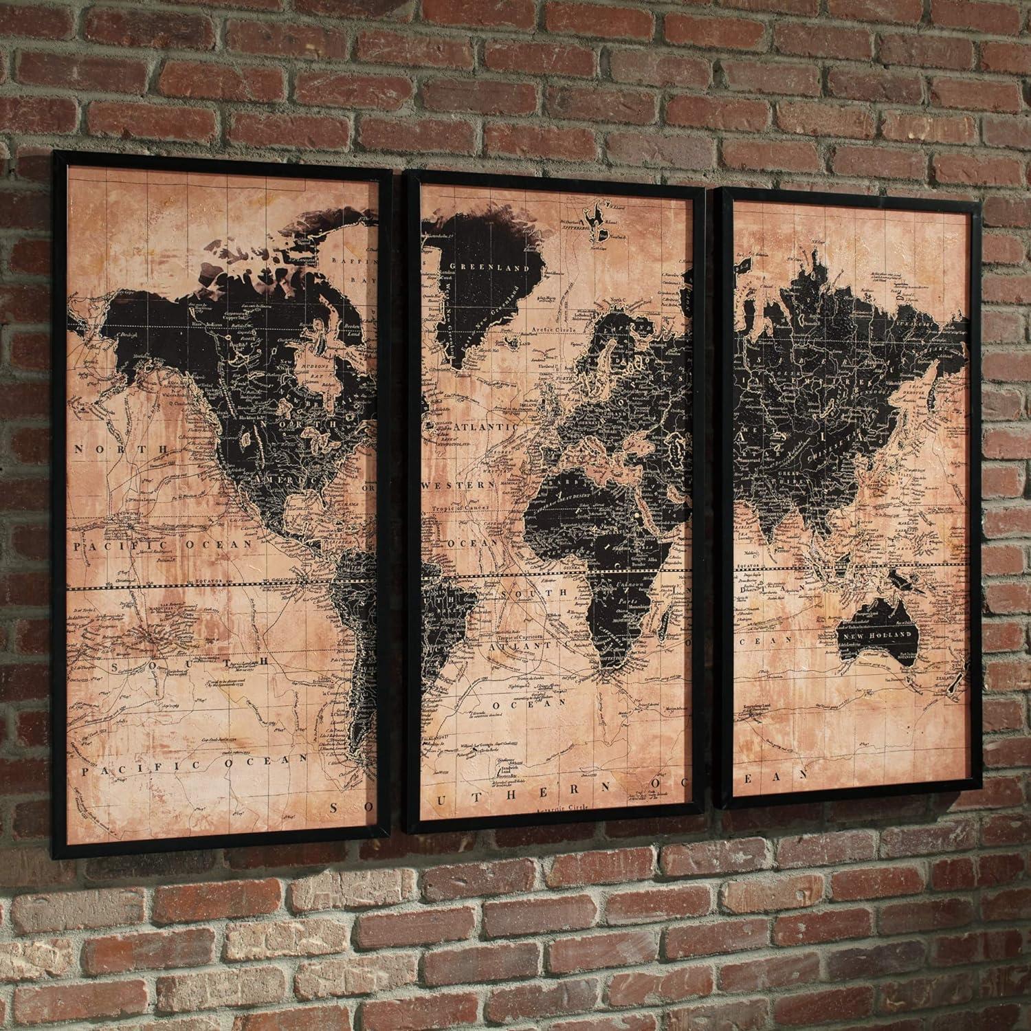 Contemporary World Map Canvas Art in Beige and Black