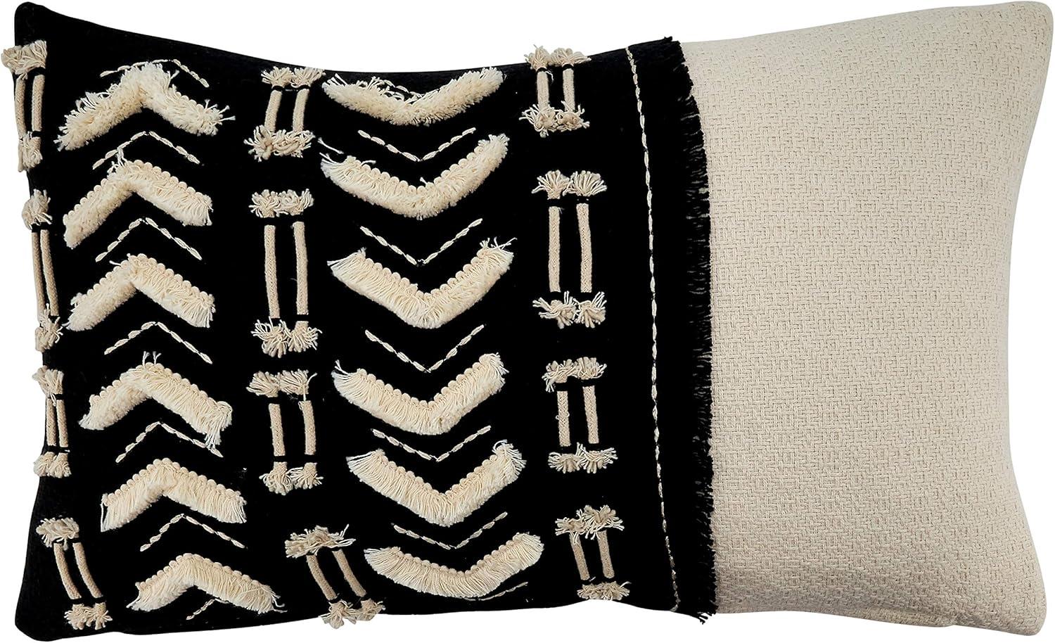 Black and White Embroidered Cotton Oblong Pillow