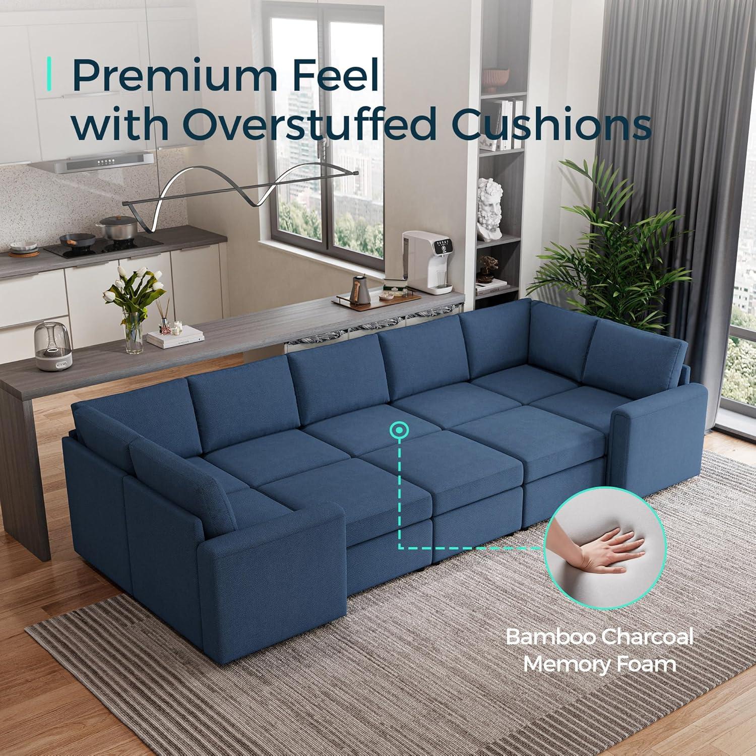 Linsy Home Oversized Modular Couch, Sectional Sofa with Storage Ottomans, Couch with Reversible Chaises, Blue