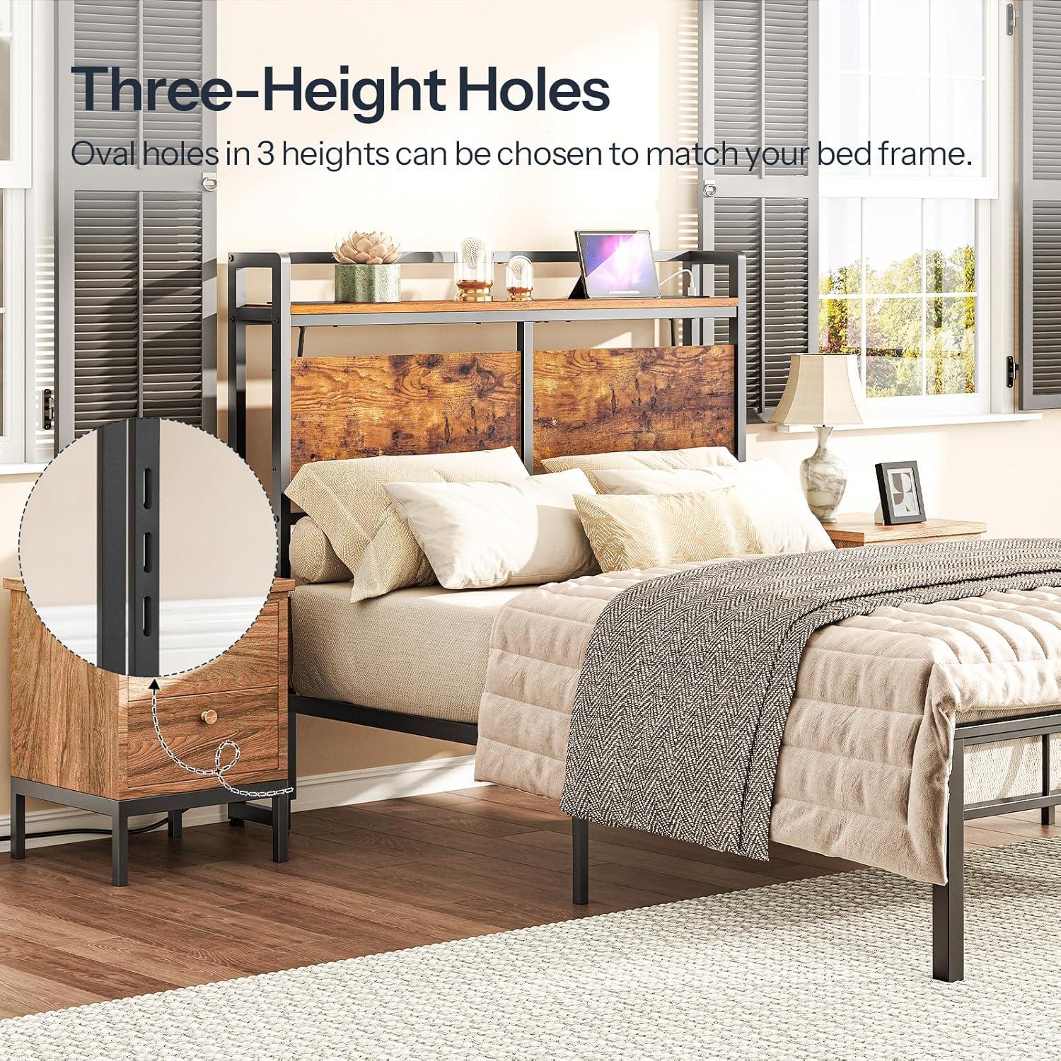 Full Size Headboard, Headboard with 2 Outlets, LED Lights and USB Ports, Adjustable Height, Storage Rack, Sturdy and Stable, Easy Assembly