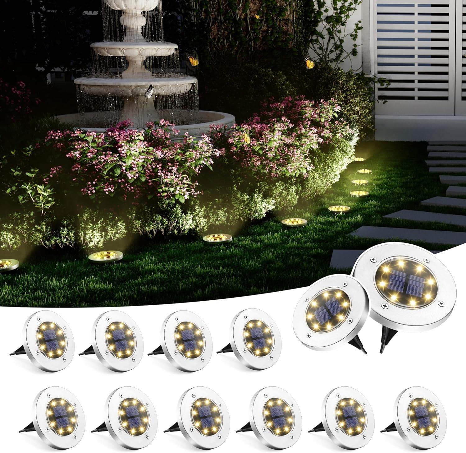 12 Pack Cool White Solar Ground Lights Outdoor Garden Pathway Waterproof Landscape Lighting