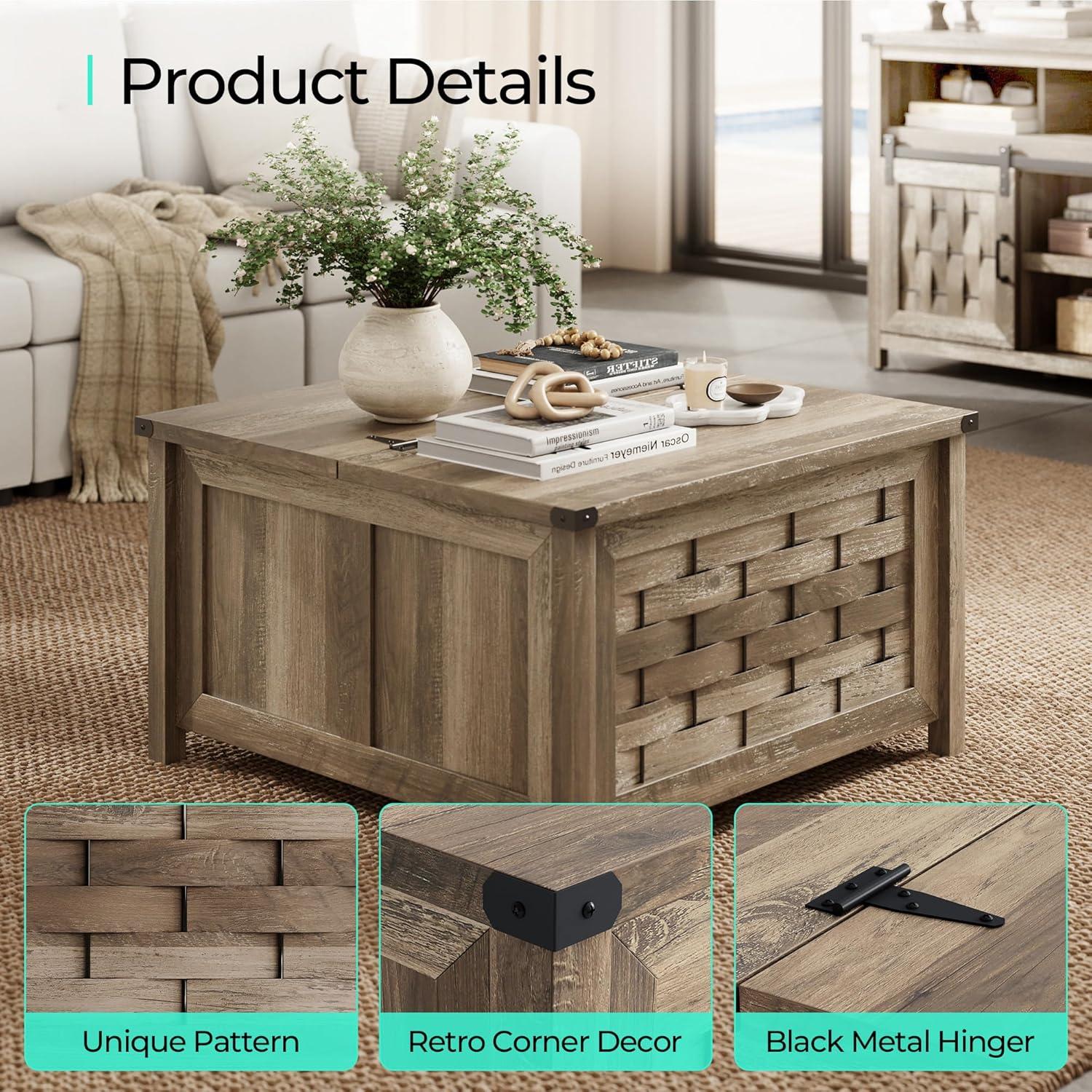 Rustic Square Wood and Metal Lift-Top Coffee Table with Storage