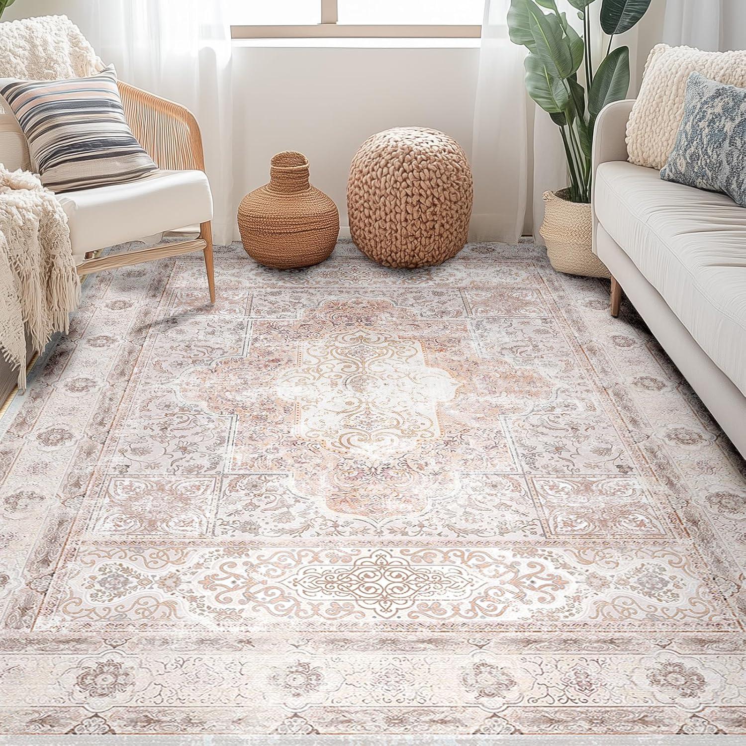 Hasoo Area Rug 5' x 7' Washable Modern Floral Rugs for Living Room Non-Slip Accent Carpet Pink