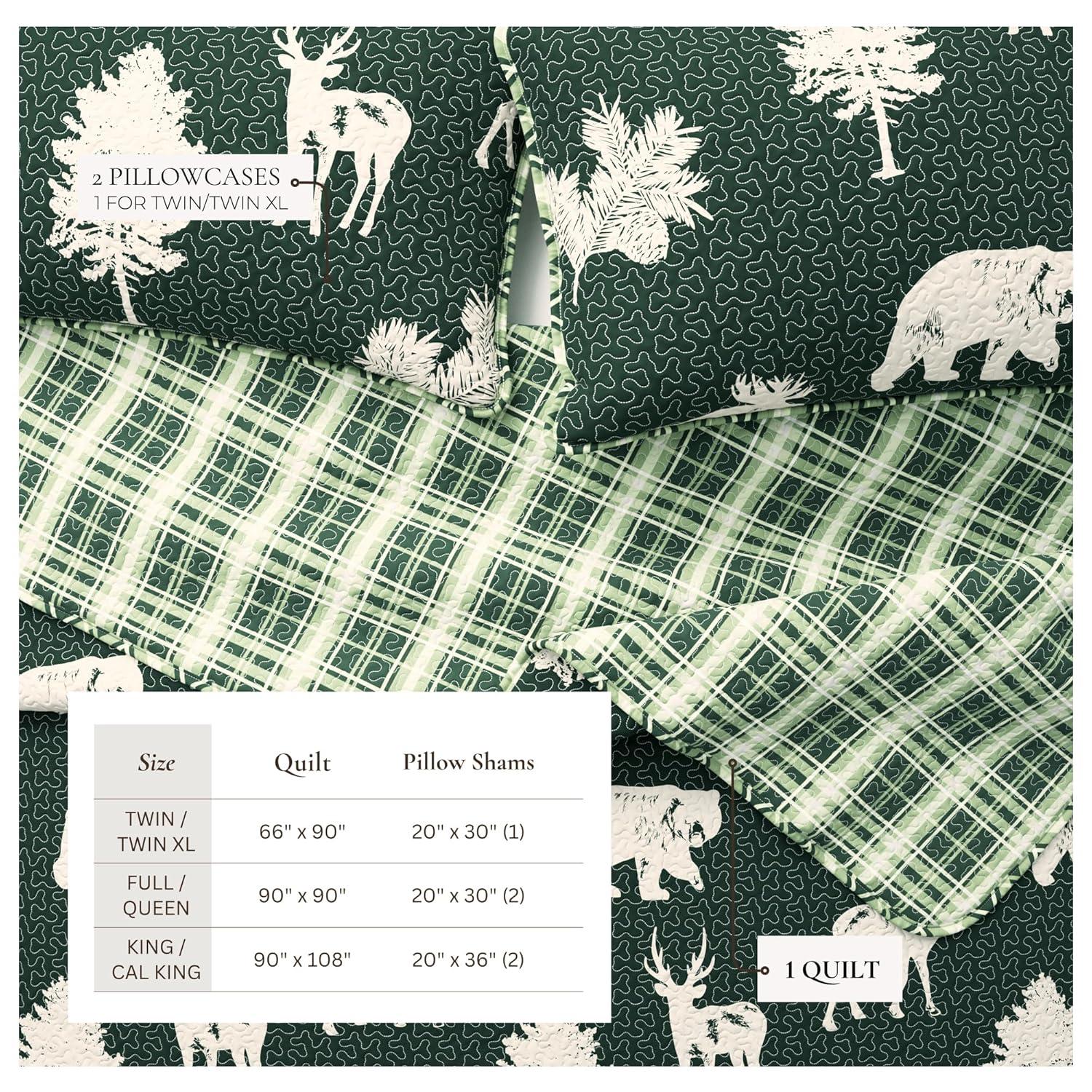 FreshFolds Forest Green Nature Quilt Set Reversible Plaid Quilt Set with Shams