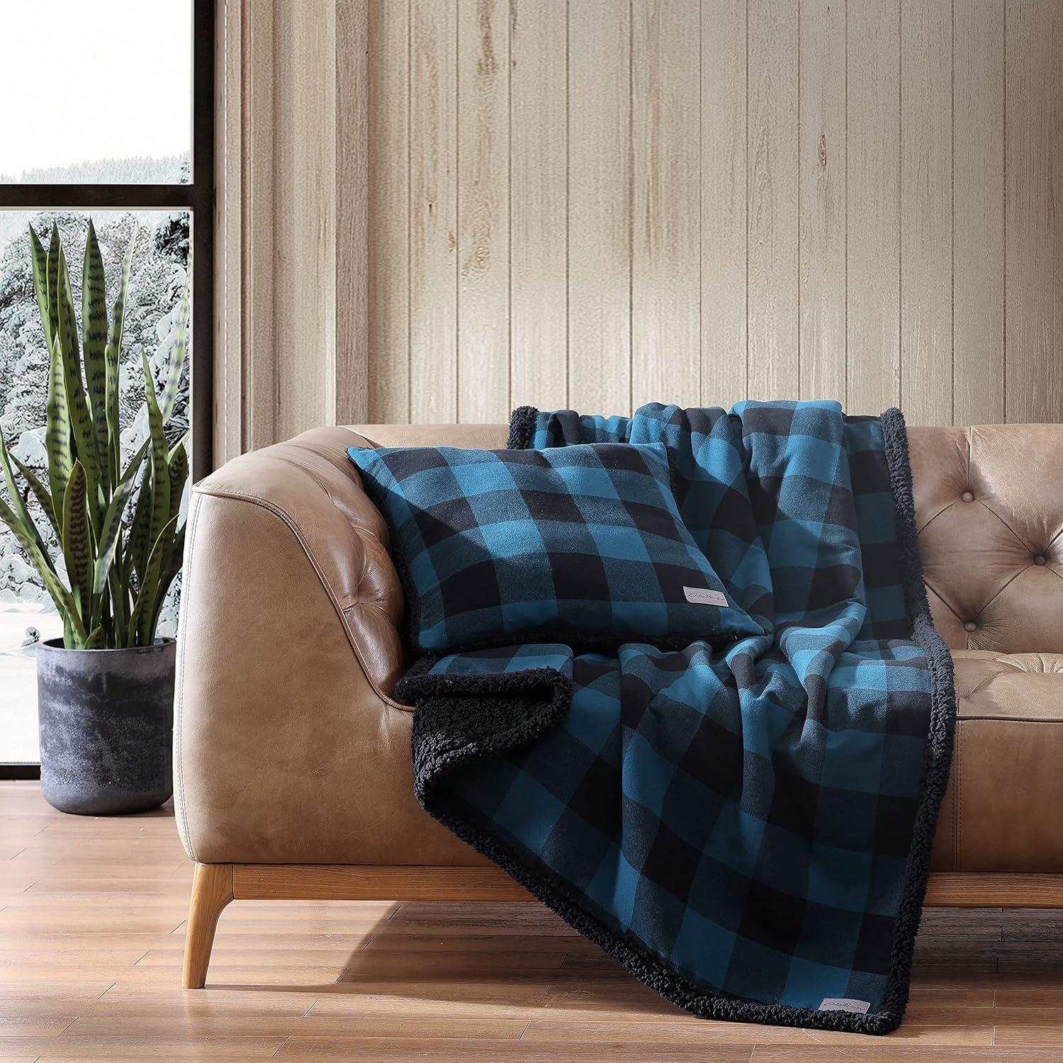 20"x20" Oversize Cabin Plaid Square Throw Pillow with 50"x60" Cabin Plaid Throw Blanket Set Blue/Black - Eddie Bauer