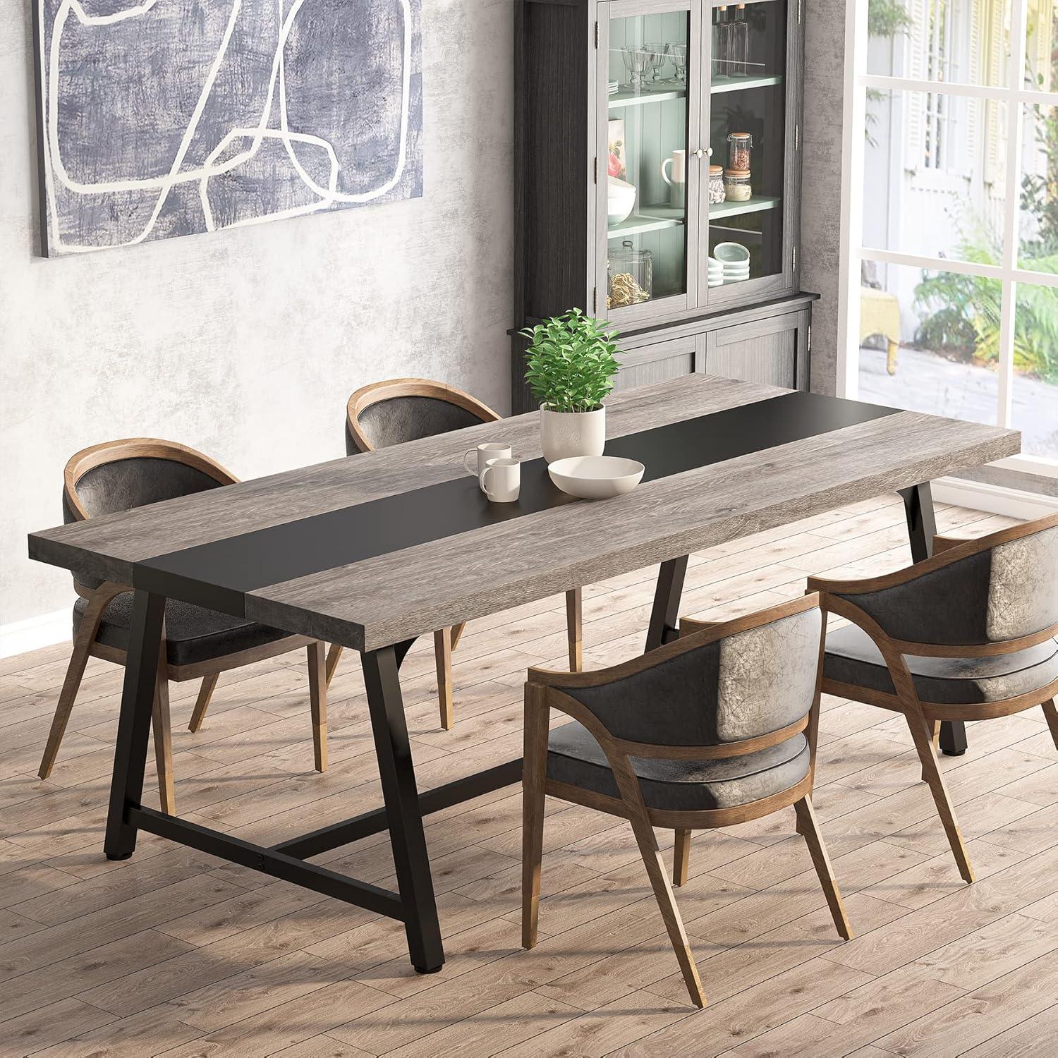 Gray and Black Rectangular Wood Dining Table with Metal Frame for 8