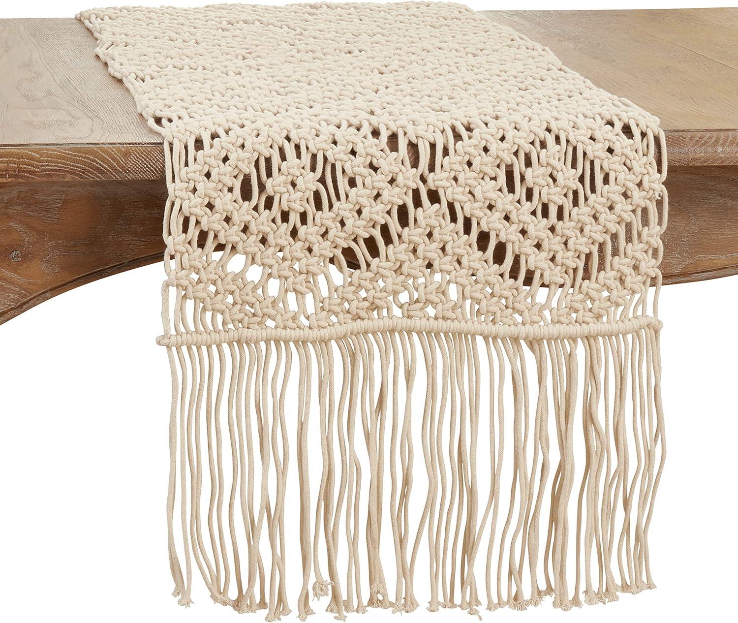 Natural Cotton Macramé Table Runner with Fringed Edges