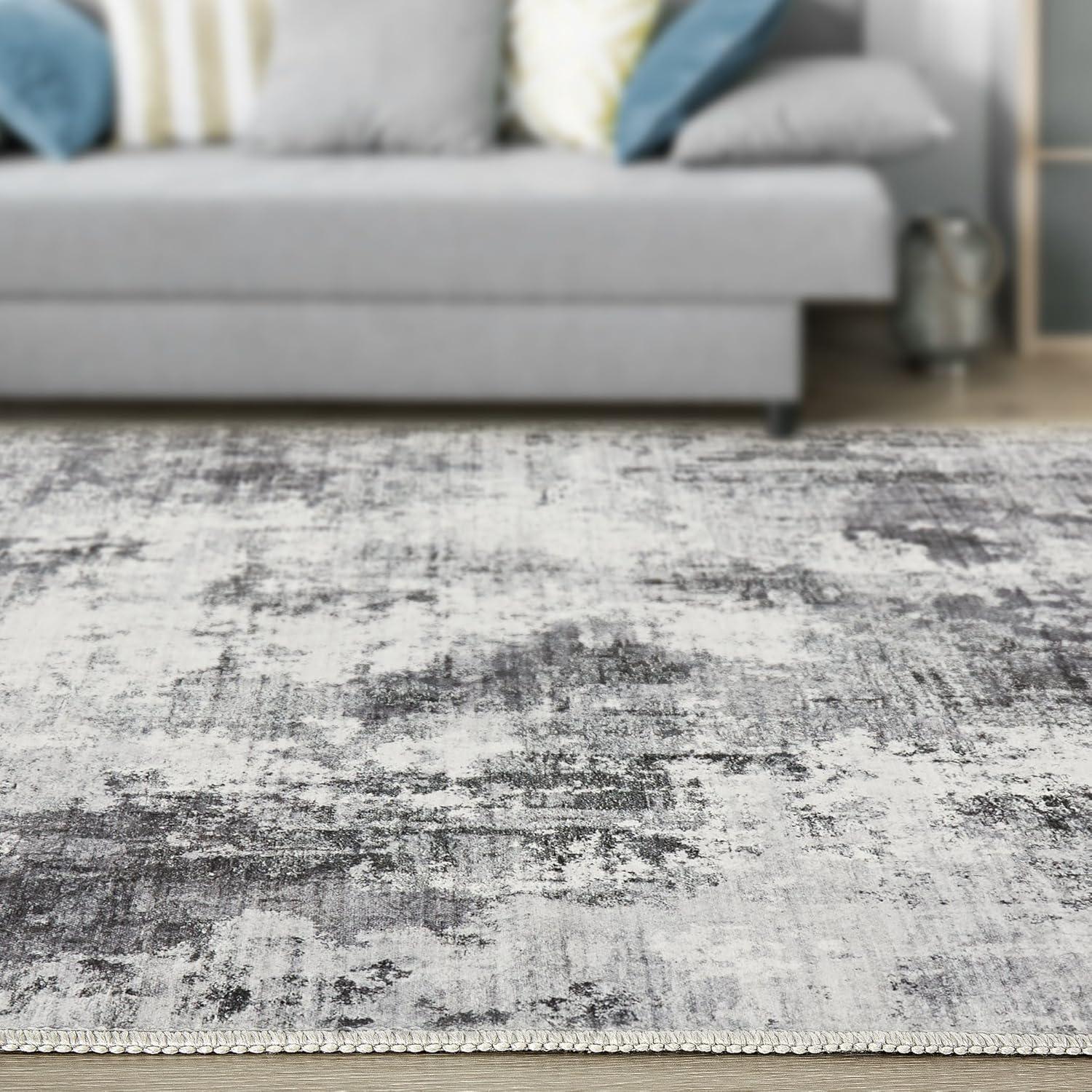 Gray Abstract Washable 9' x 12' Synthetic Area Rug