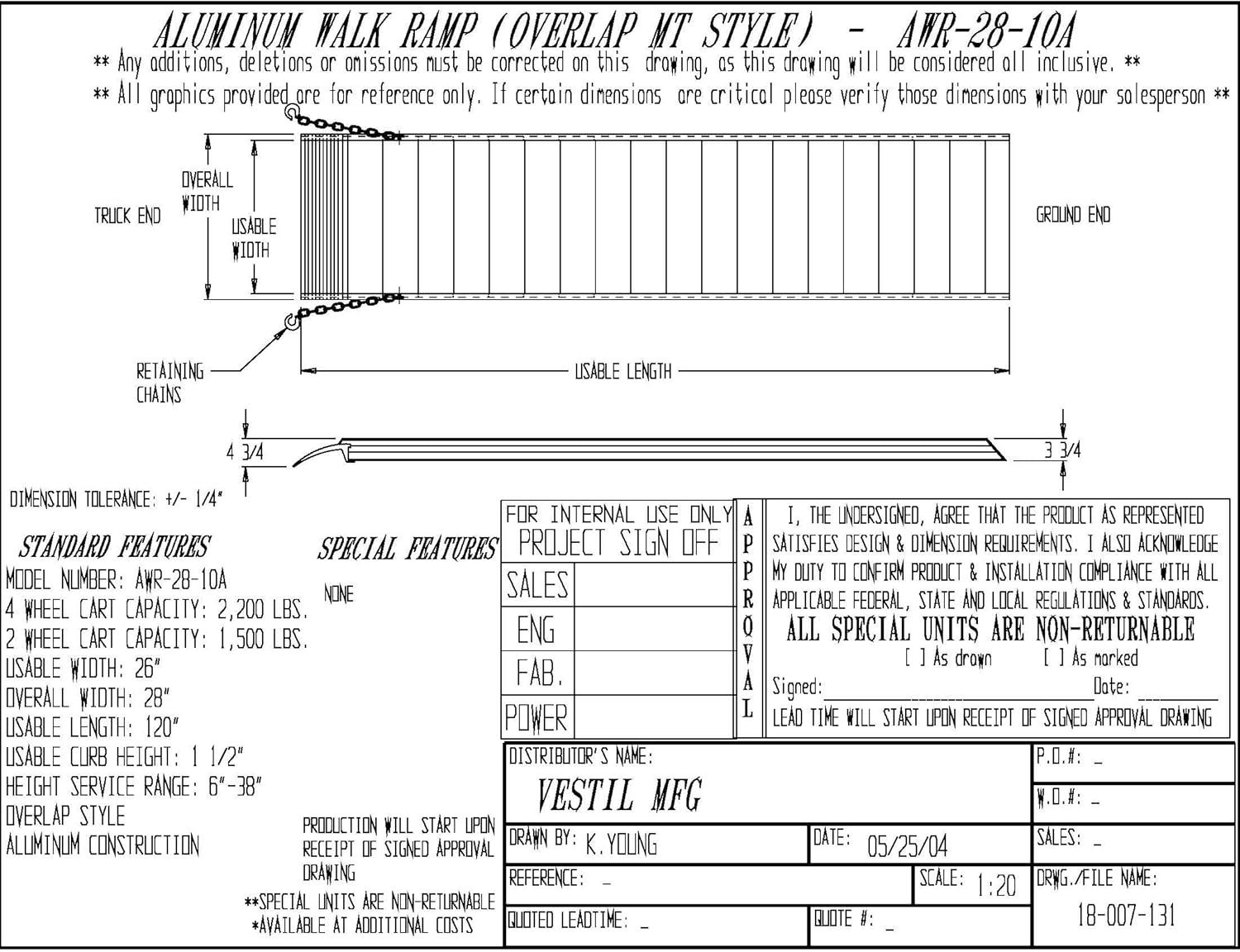 Vestil 120" x 28" Aluminum Walk Ramp with Safety Curbs