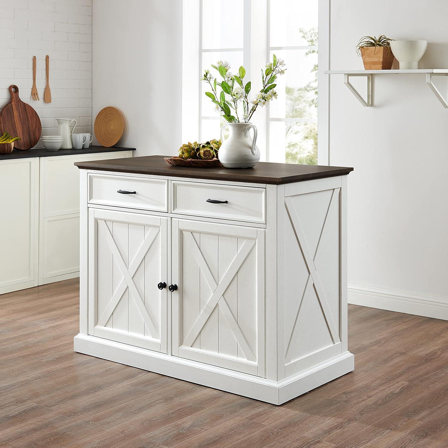 Clifton 36" Distressed White and Brown Modern Farmhouse Kitchen Island