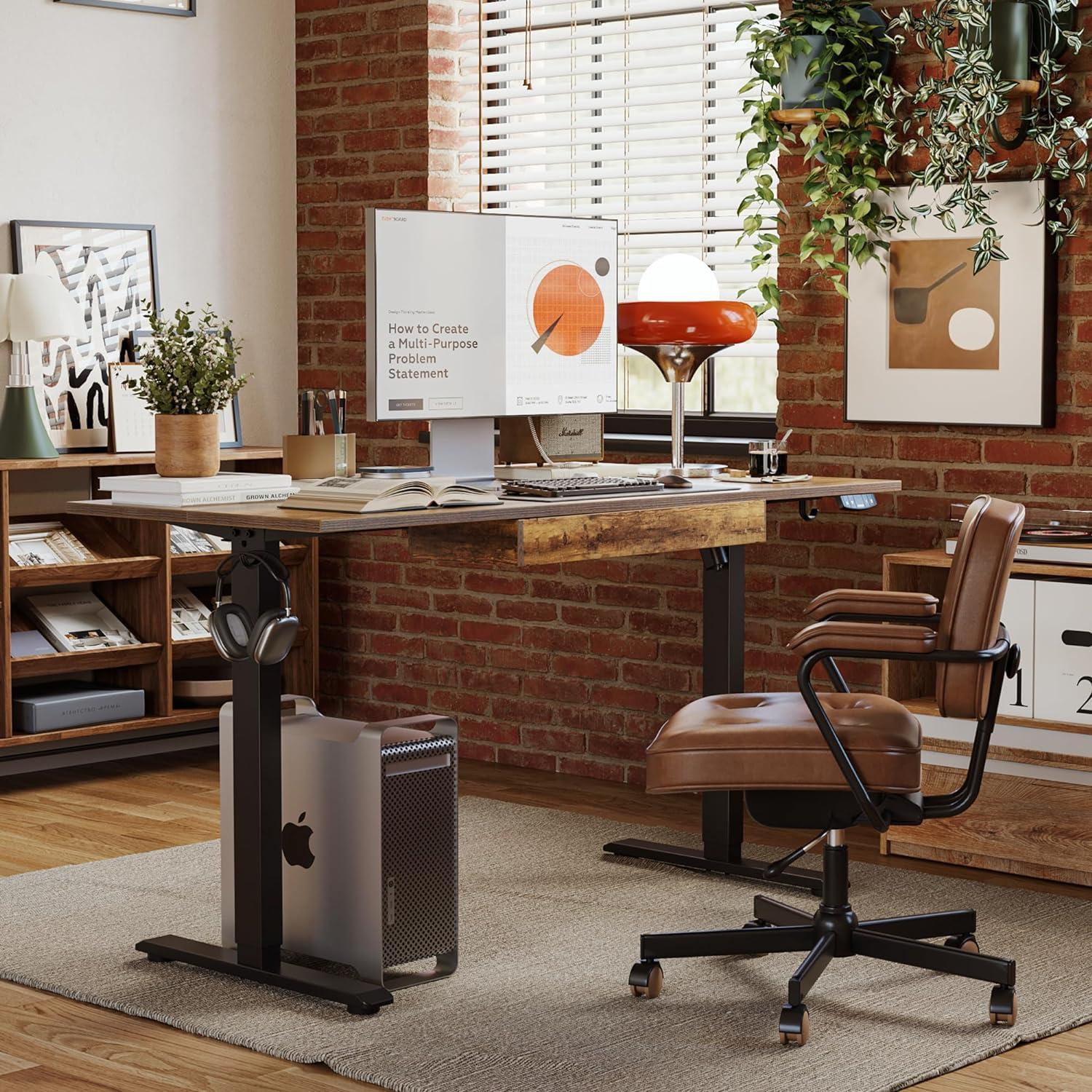 Rustic Brown Adjustable Height Standing Desk with Cup Holder and Headphone Hook