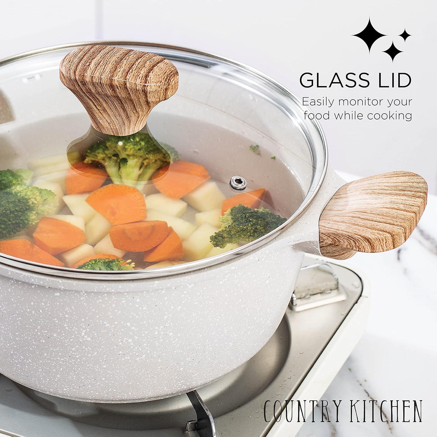 Non-Stick Cast Aluminum Cookware Set - Durable Kitchen Cookware for Everyday Cooking, Speckled Cream, 6 Pc.