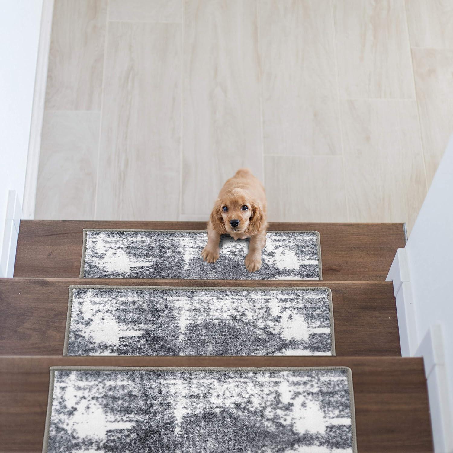 Gray and White Distressed Bohemian Non-Slip Stair Treads Set