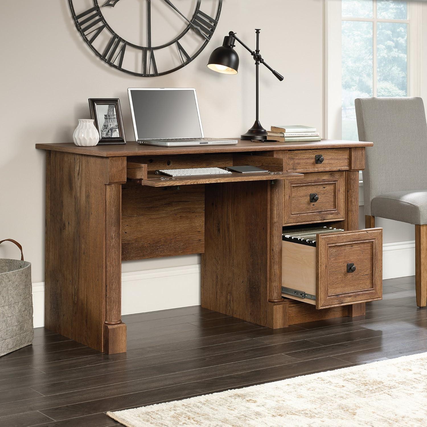 Vintage Oak Rectangular Computer Desk with Drawers and Keyboard Tray