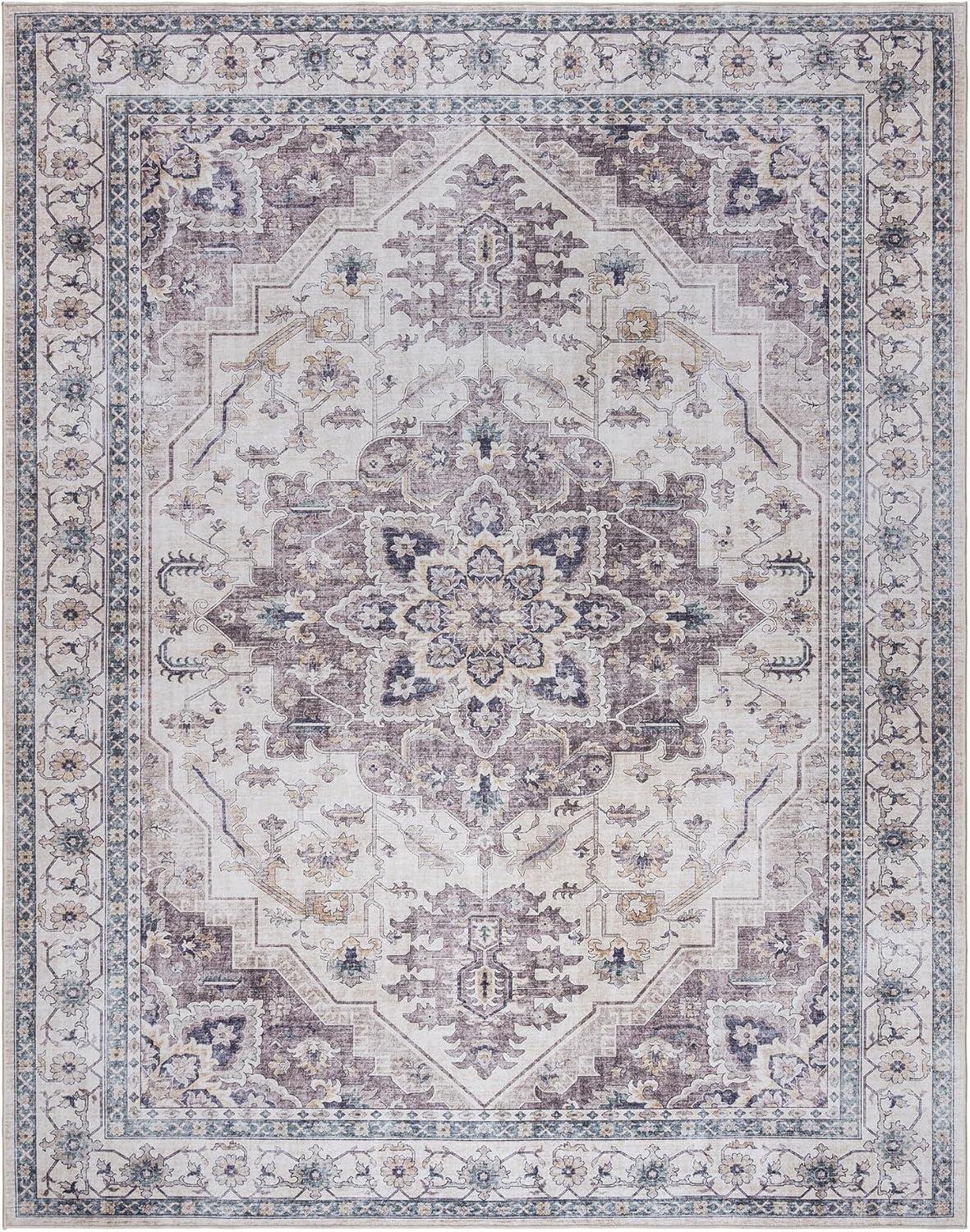 Gertmenian Crystal Print Tiefi Gray Ivory Multi Traditional Medallion Washable Flat Pile Indoor Area Rug