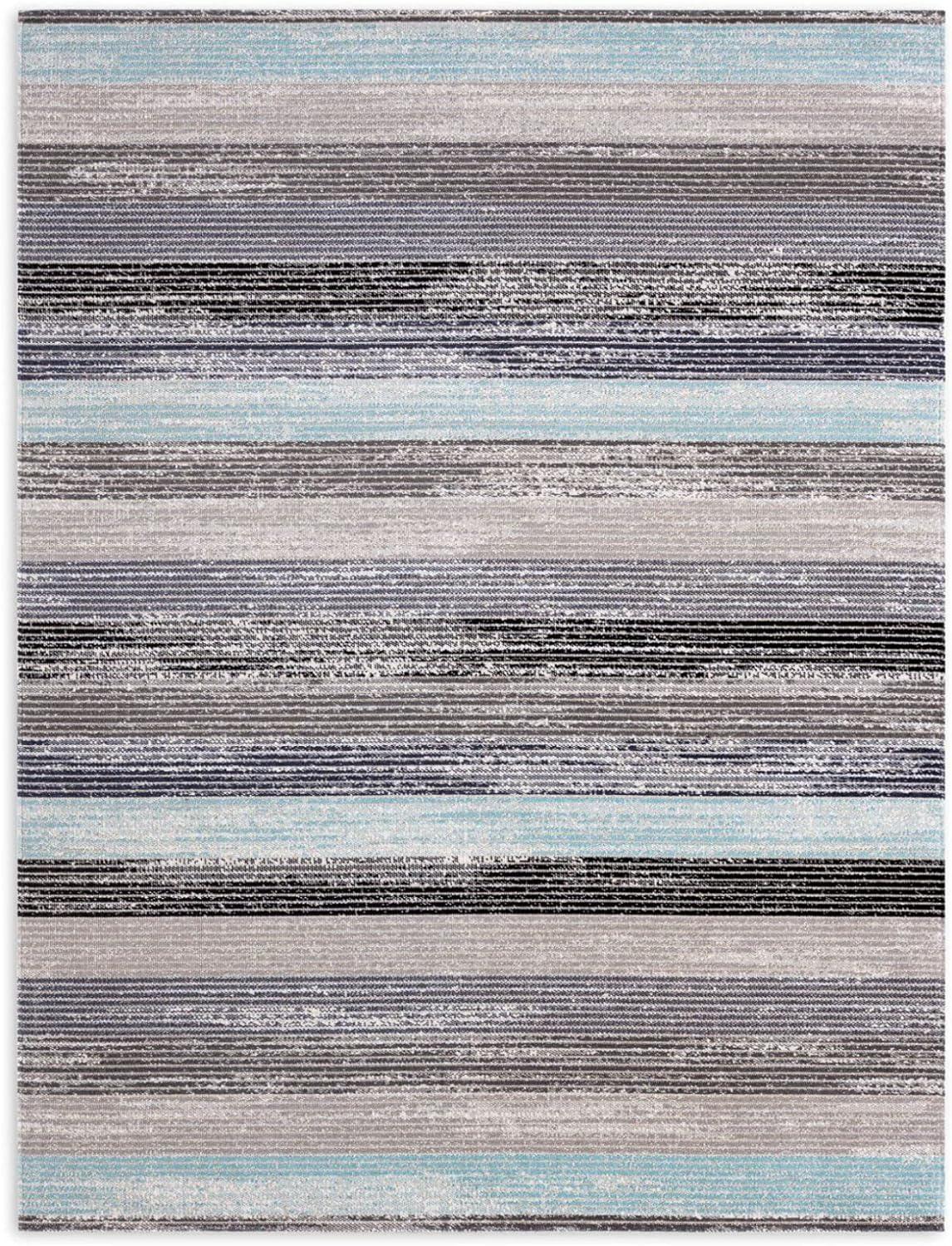 Gray and Blue Striped Synthetic Indoor/Outdoor Rug