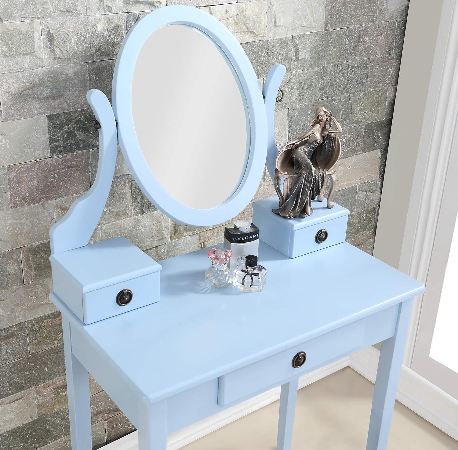 Roundhill Furniture Moniys Wood Makeup Vanity Table and Stool Set in Blue