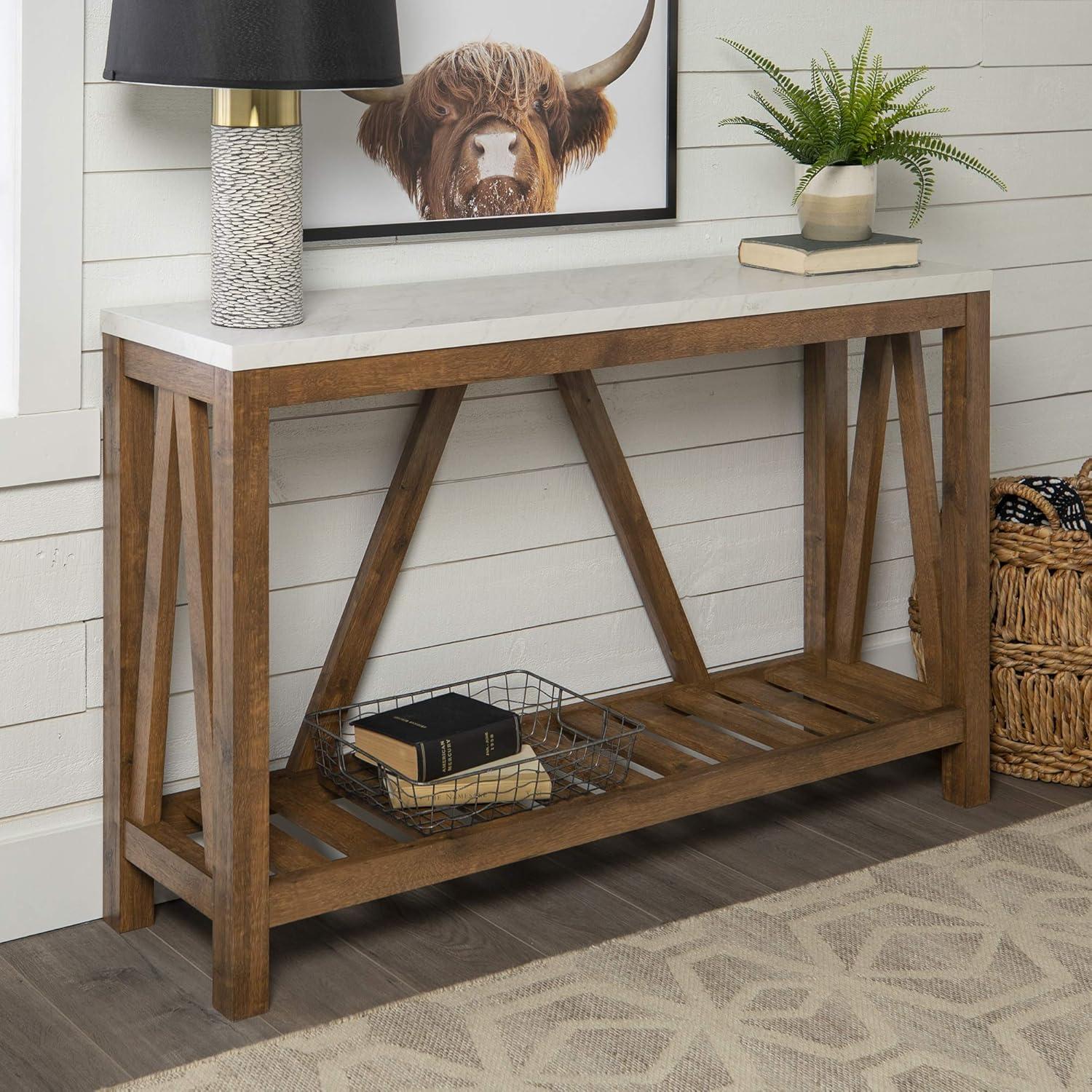 Walker Edison A-Frame 52" Faux-Marble Top Wood Console Table in White/Walnut