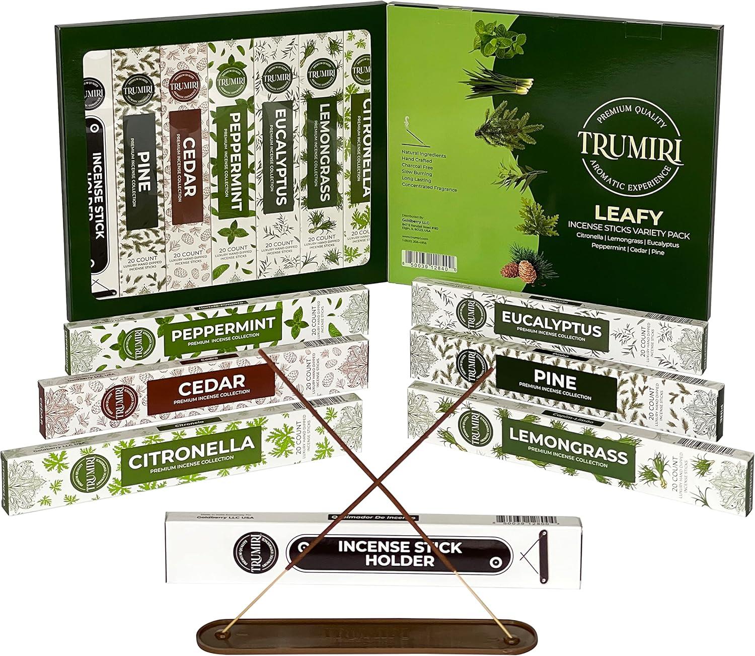 Trumiri Leafy Incense Sticks Variety Pack & Incense Burner - Gift Set - 120 Incents (6 fragrances x 20 pieces each) - Citronella, Lemongrass, Eucalyptus, Peppermint, Pine, Cedar