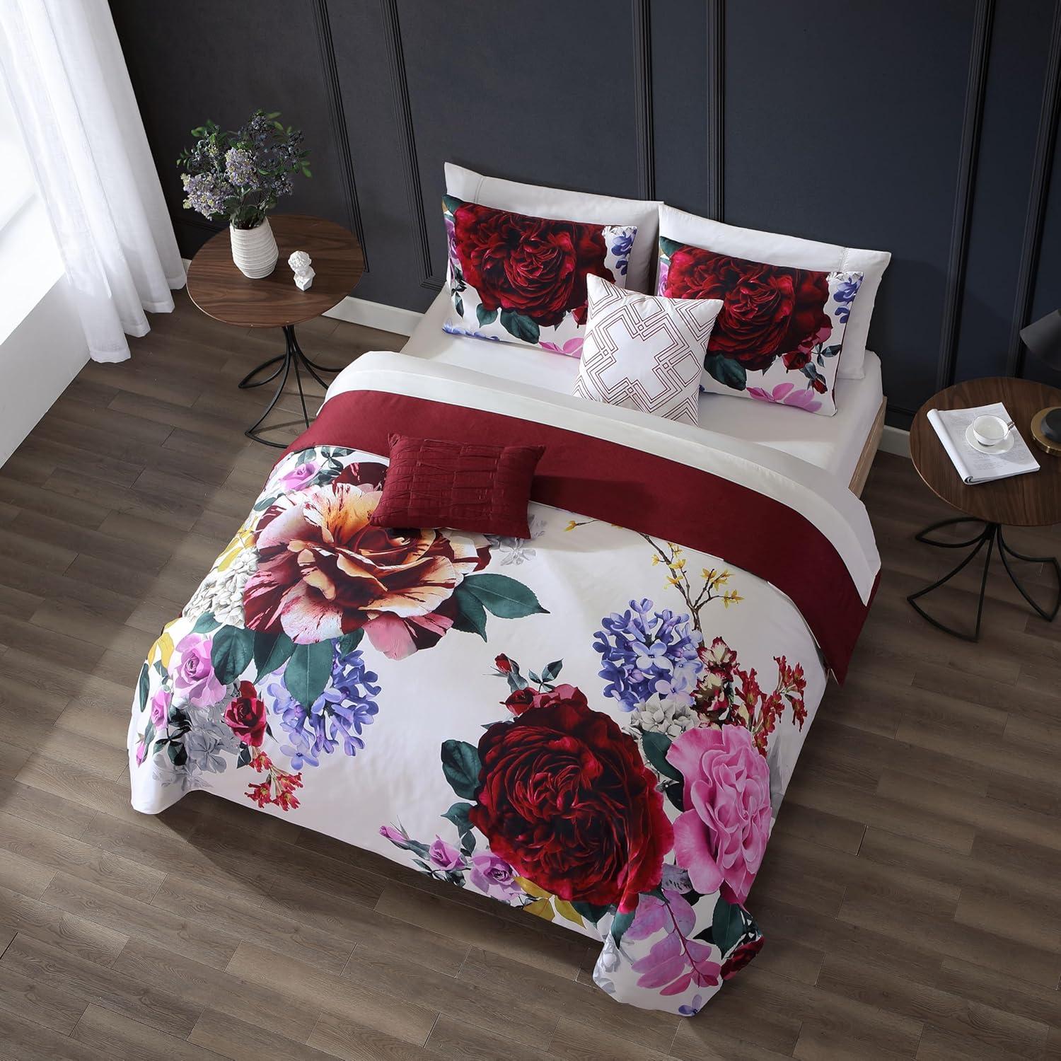 BeBeJan Bebejan Magenta Floral 100% Cotton Sateen 5 Piece Reversible Comforter Set