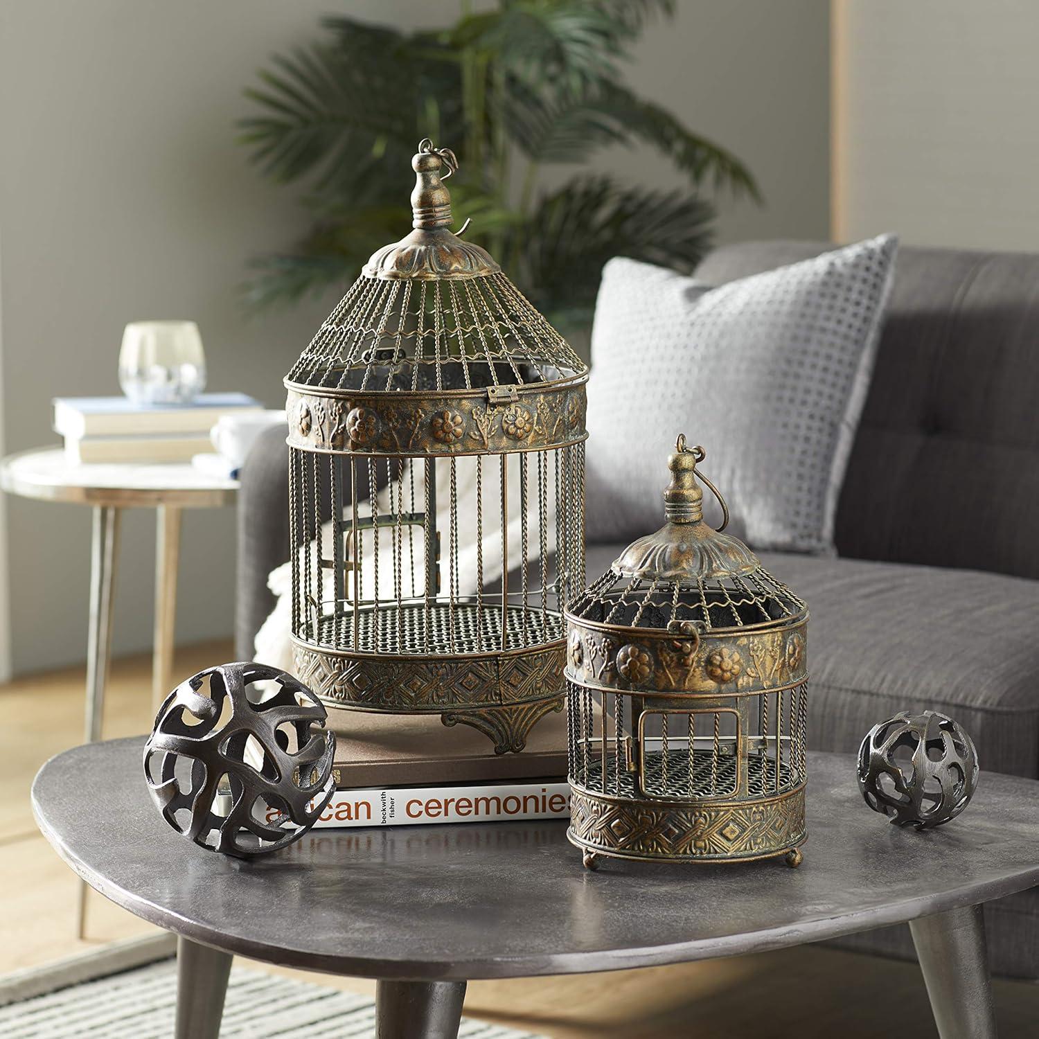 Bronze Antique Carved Metal Birdcage Set, 2 Pieces