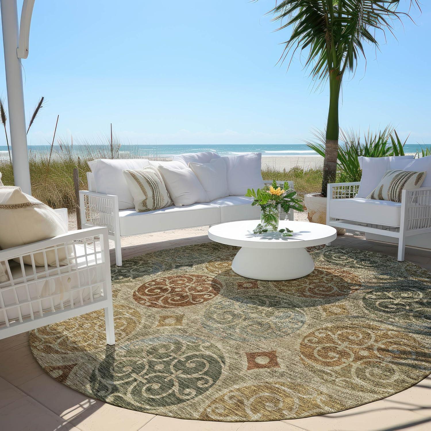 Taupe Round 8' Synthetic Indoor/Outdoor Washable Rug