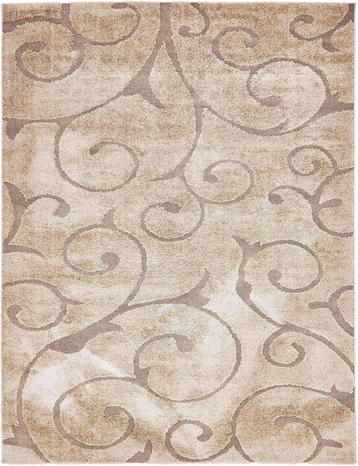 Light Brown Floral Shag Easy-Care Rectangular Area Rug, 9' x 12'