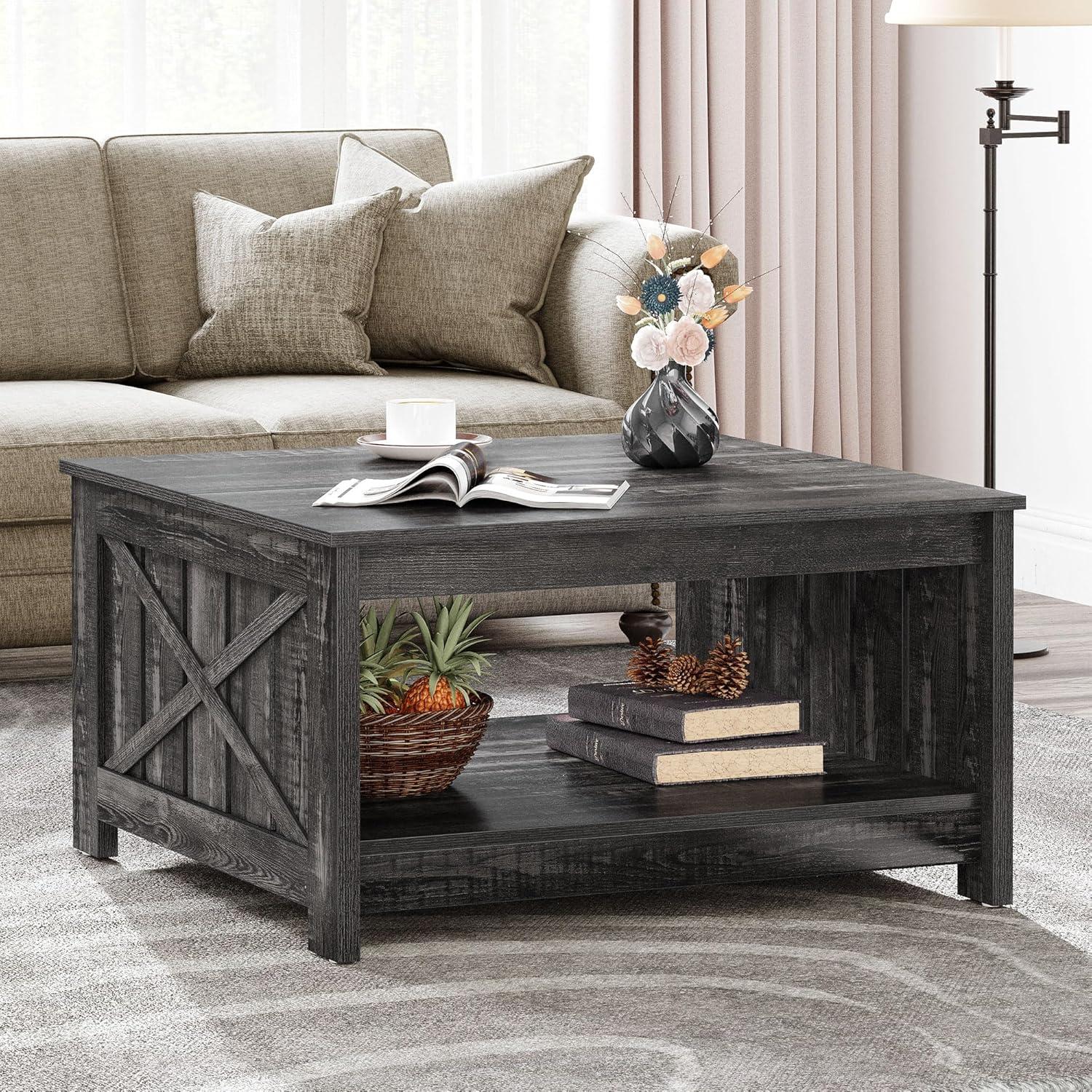 Dark Rustic Oak Square Coffee Table with Storage