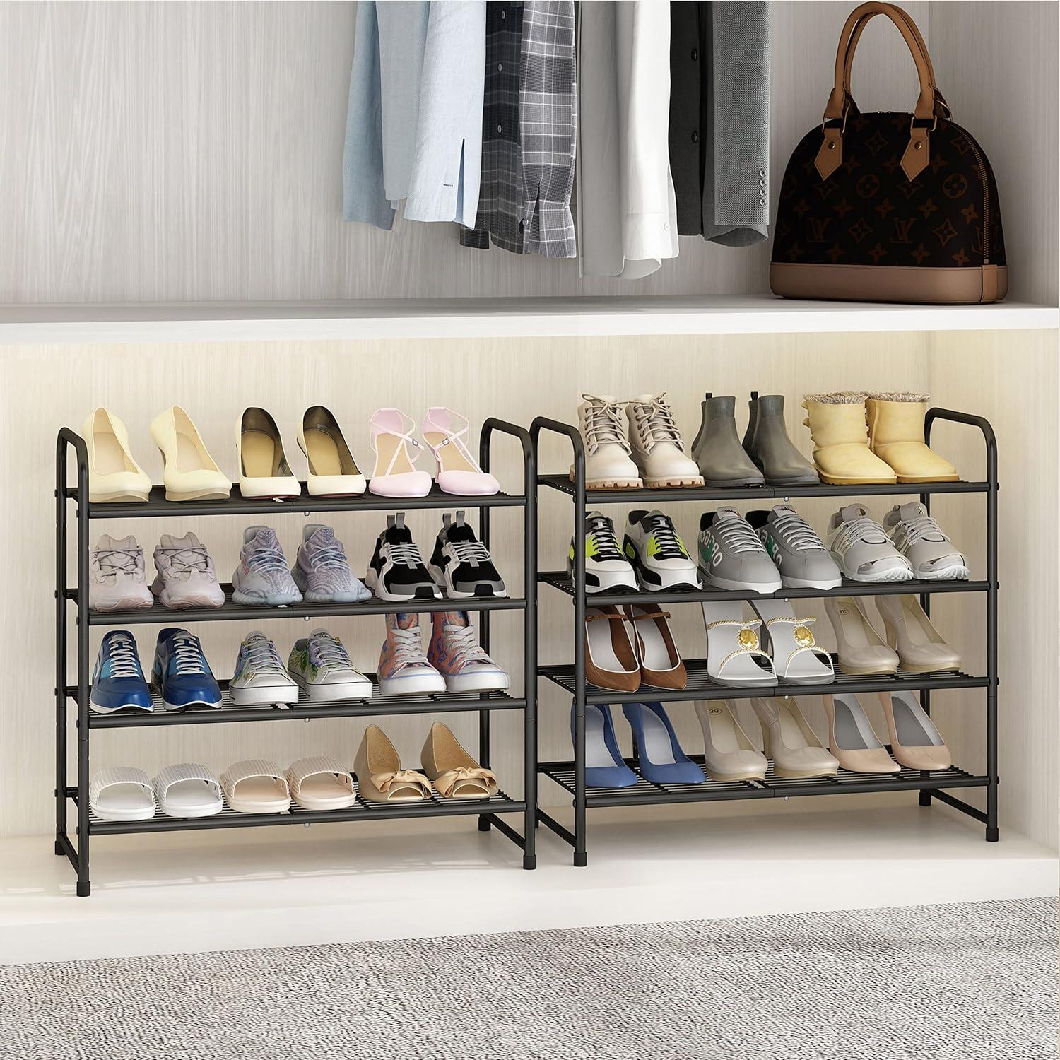 4-Tier Shoes Rack Shelf for Closet Metal Stackable Shoe Organizer, Expandable & AdjustableWire Grid, Black