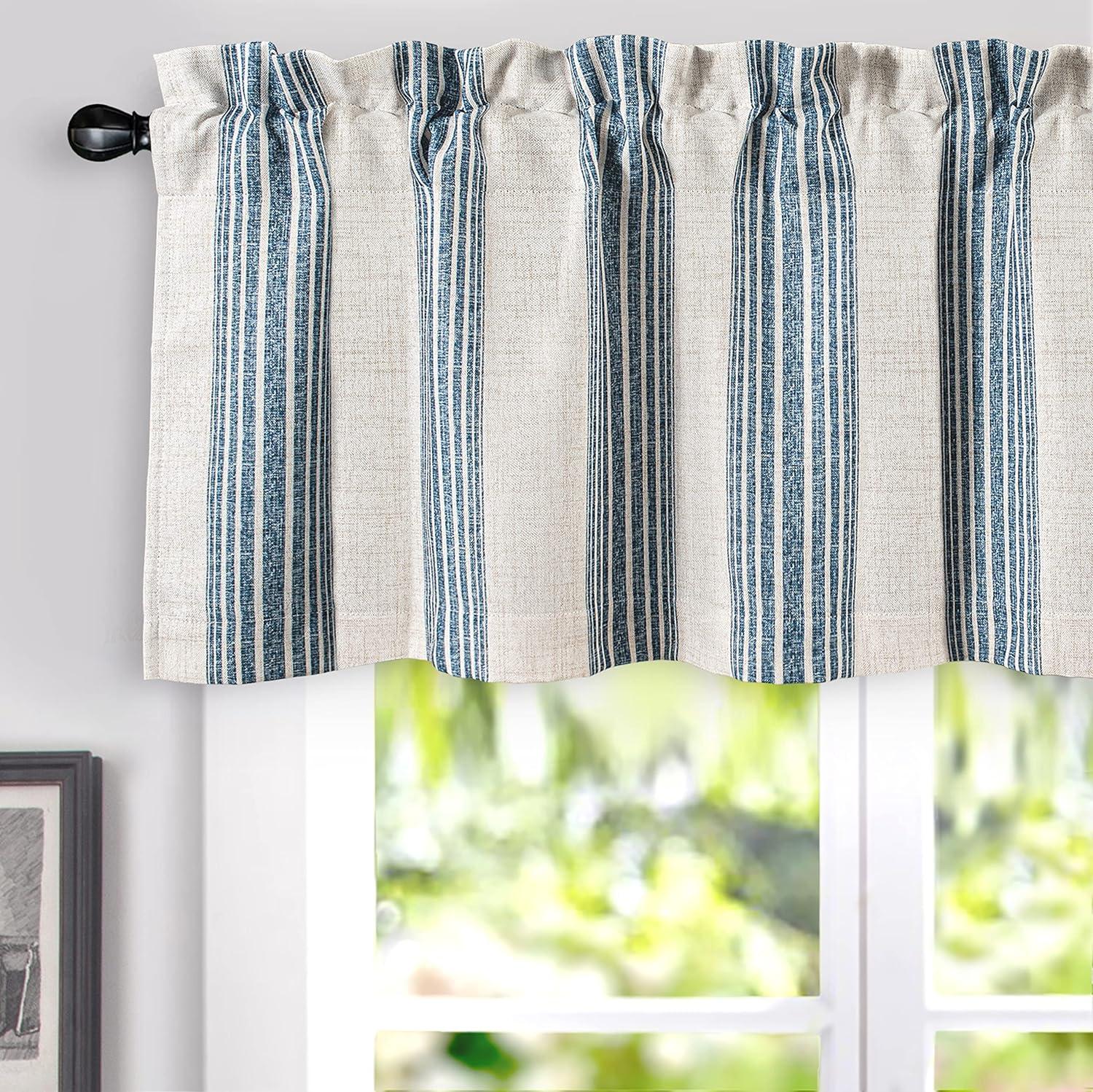 Jean Navy Linen Striped Blackout Rod Pocket Valance, 52" x 14"