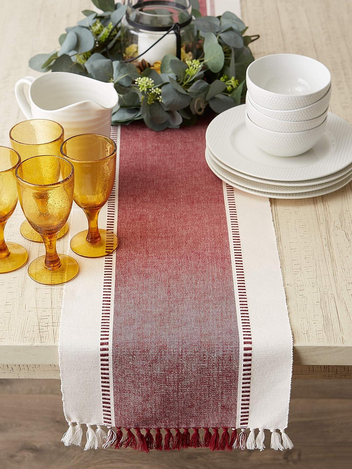 Redwood Striped Fringe Ribbed Table Runner 13x72