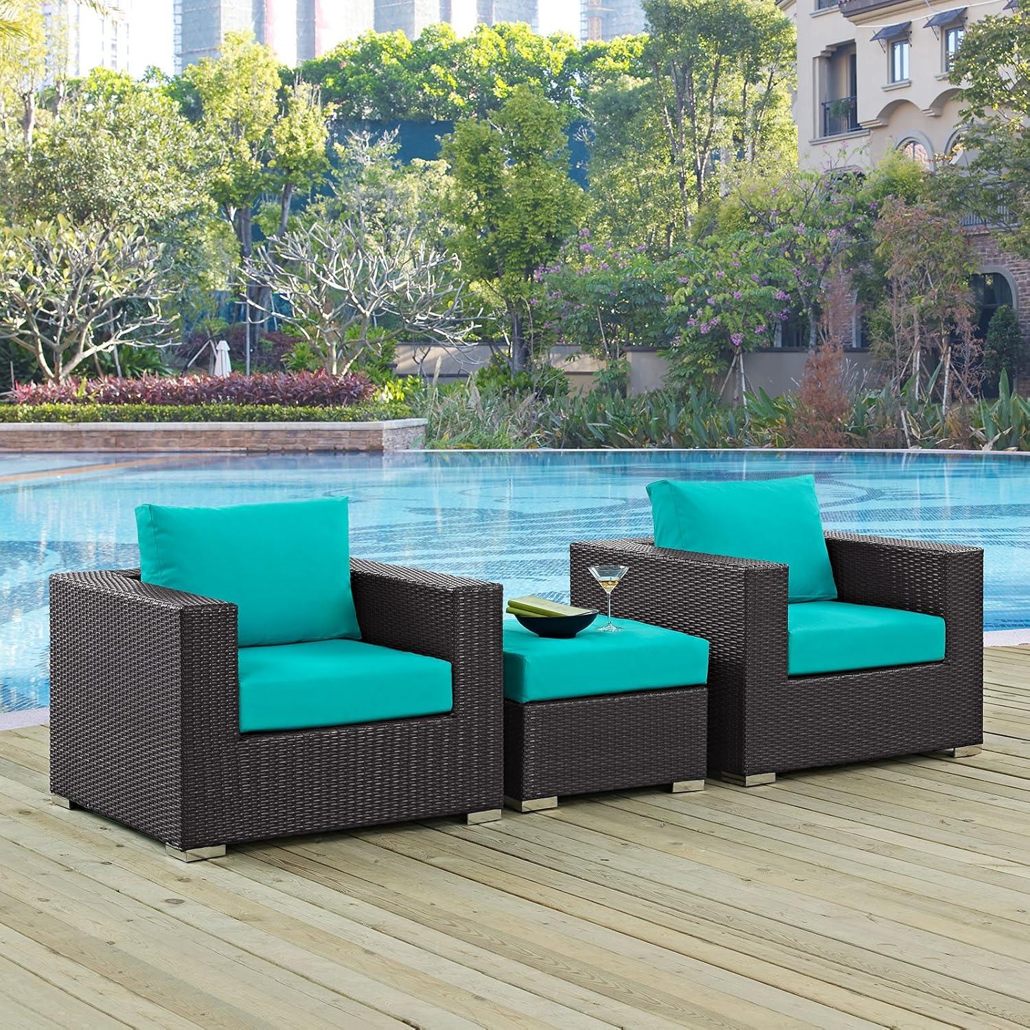 Espresso Turquoise Wicker Rattan 3-Piece Outdoor Patio Set