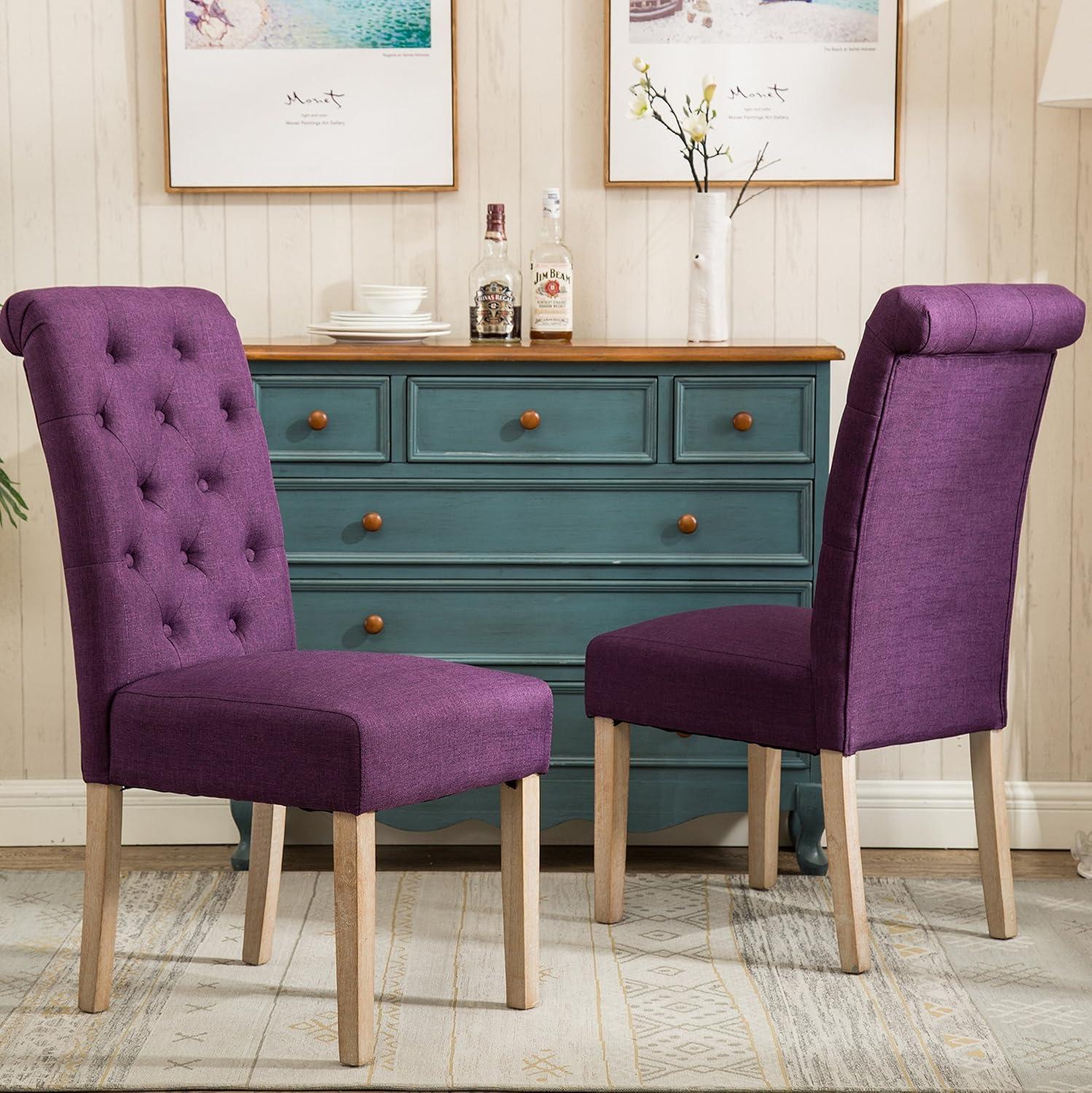 Roundhill Furniture Habit Solid Wood Tufted Parsons Dining Chair, Purple, Set of 2