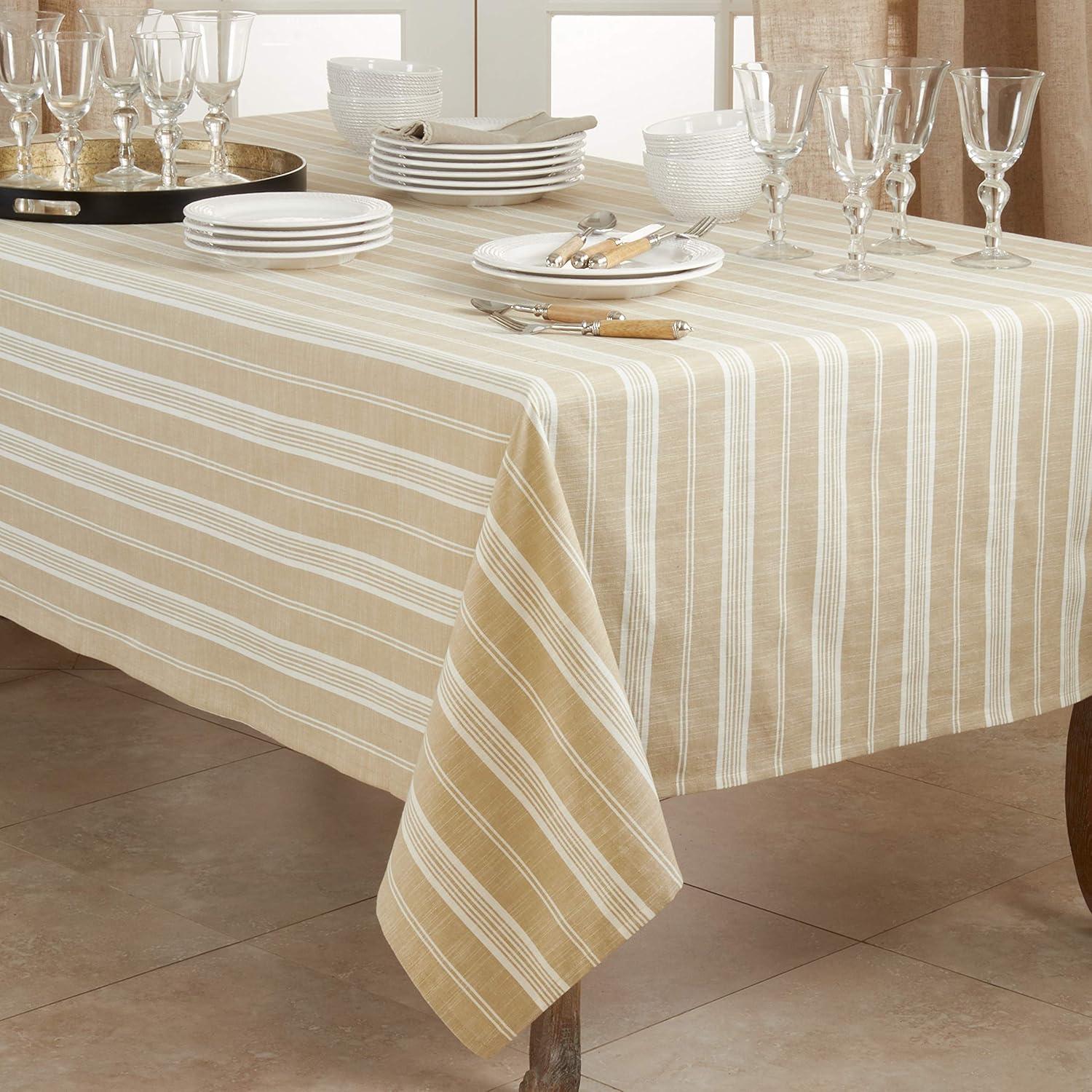 70" Beige and White Striped Cotton Square Tablecloth