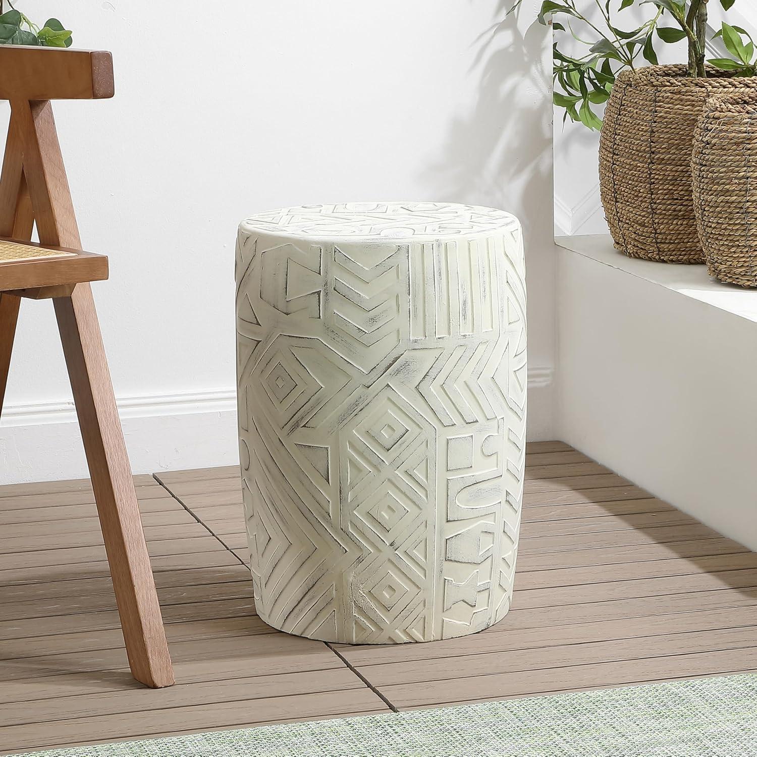 JONATHAN Y Rafi 17.75" Transitional Bohemian Geometric Drum Garden Stool, Cream