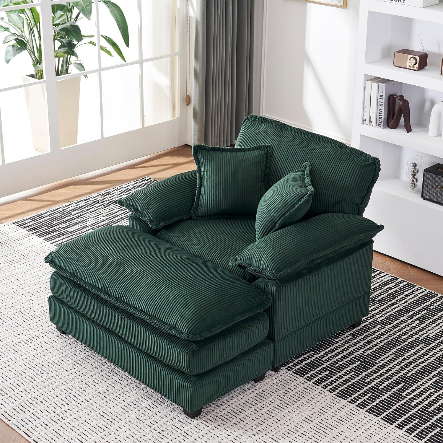 46.9" W Oversized Chair with Ottoman, Corduroy Upholstered Chaise Lounge Chair Indoor Reading Chairs Sofa Couche Oversized Comfy Chairs for Living Room, Bedroom (Corduroy Green)
