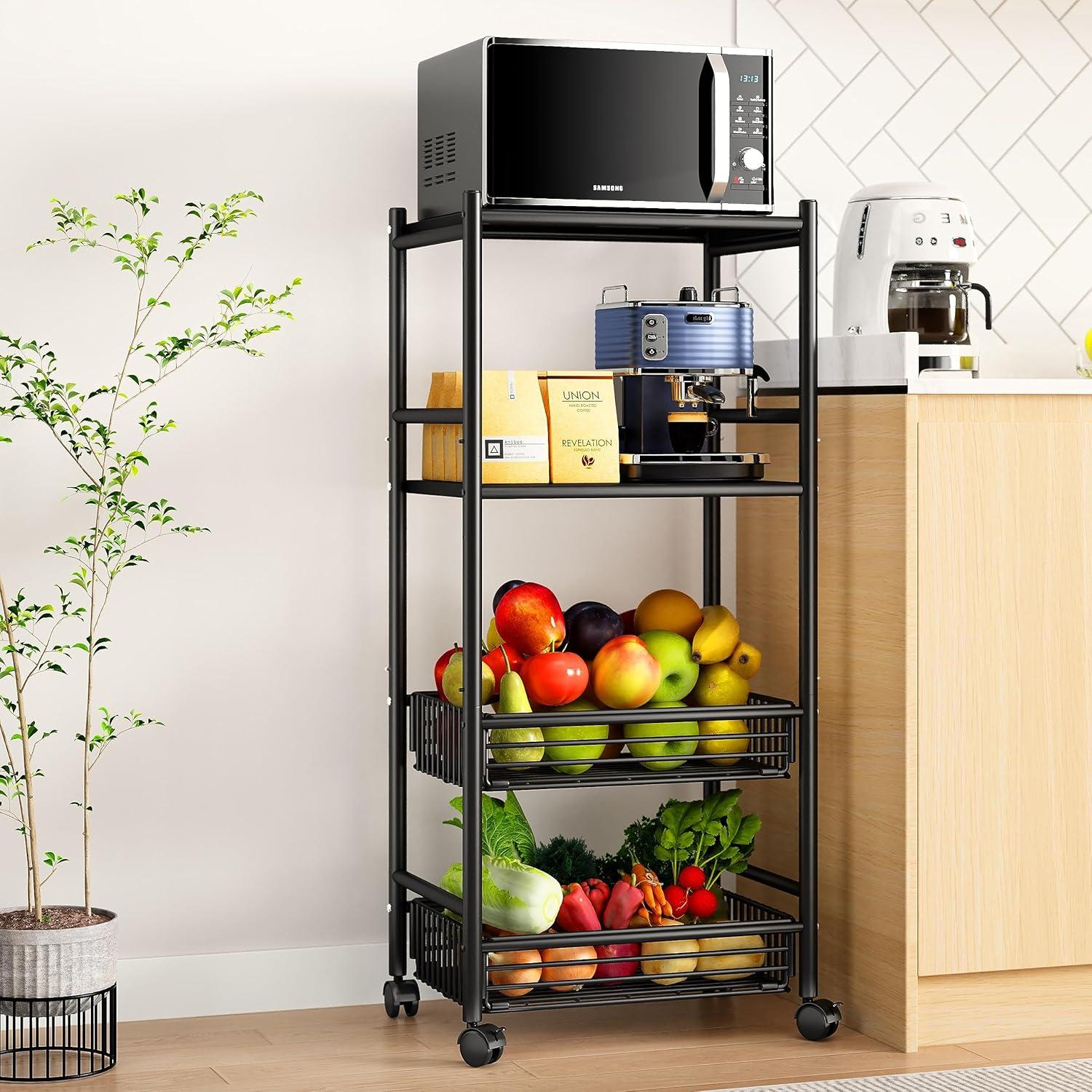 Black Metal 4-Tier Kitchen Microwave Stand with Storage