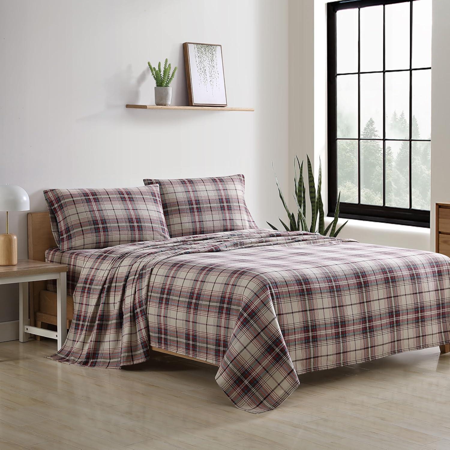 Queen Red and Gray Cotton Flannel Plaid Bedding Set