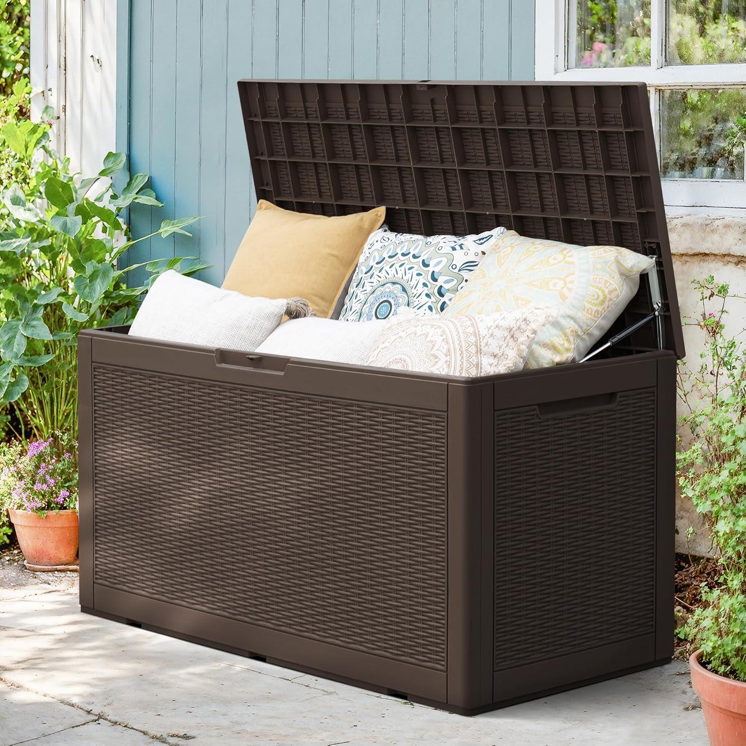 Flamaker 100 Gallon Large Deck Box Waterproof Resin Outdoor Storage for Patio Furniture, Garden Tools, Pool Accessories and Toys (Deep Brown)